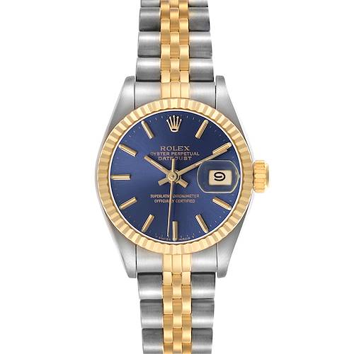 The Rolex Datejust 69173 Women's Steel and Gold (two tone) Blue Dial watch is shown from the front, displaying the dial, bezel, case, and bracelet.