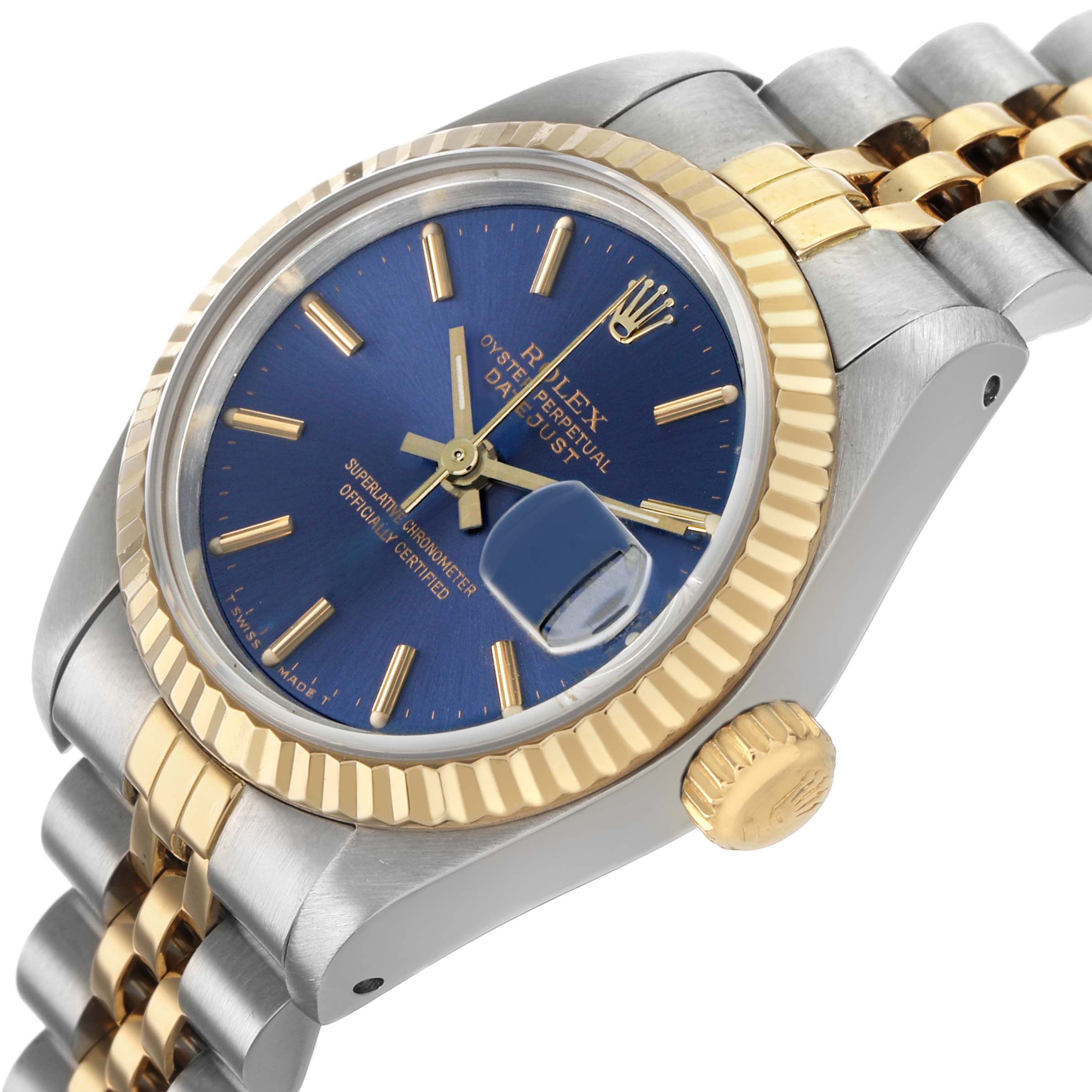 The Rolex Datejust 69173 Women's Steel and Gold (two tone) Blue Dial watch is shown from a side angle, highlighting the blue dial, fluted bezel, gold crown, and jubilee bracelet.
