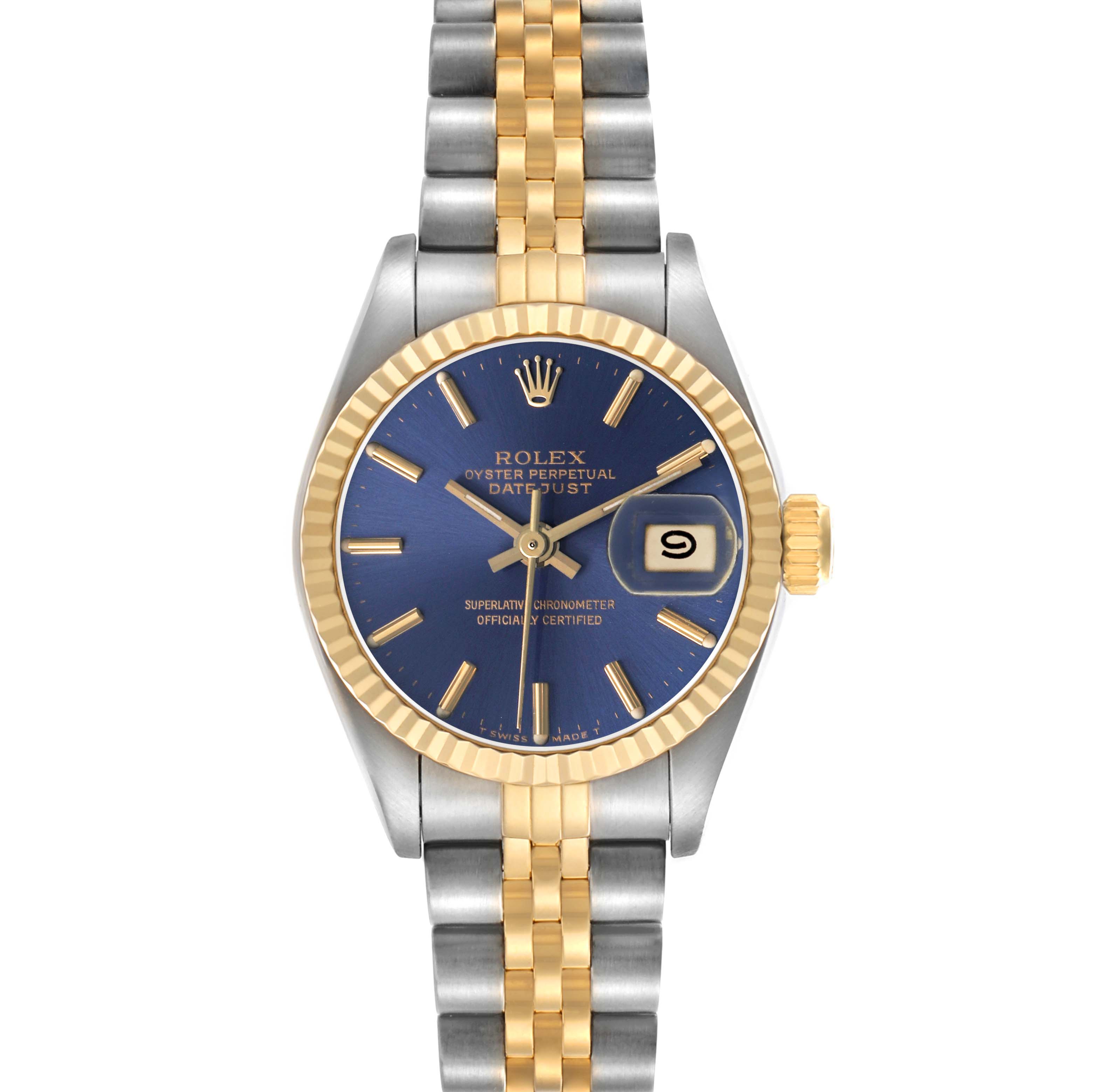 The Rolex Datejust 69173 Women's Steel and Gold (two tone) Blue Dial watch is shown from the front, highlighting the dial, bezel, and jubilee bracelet.