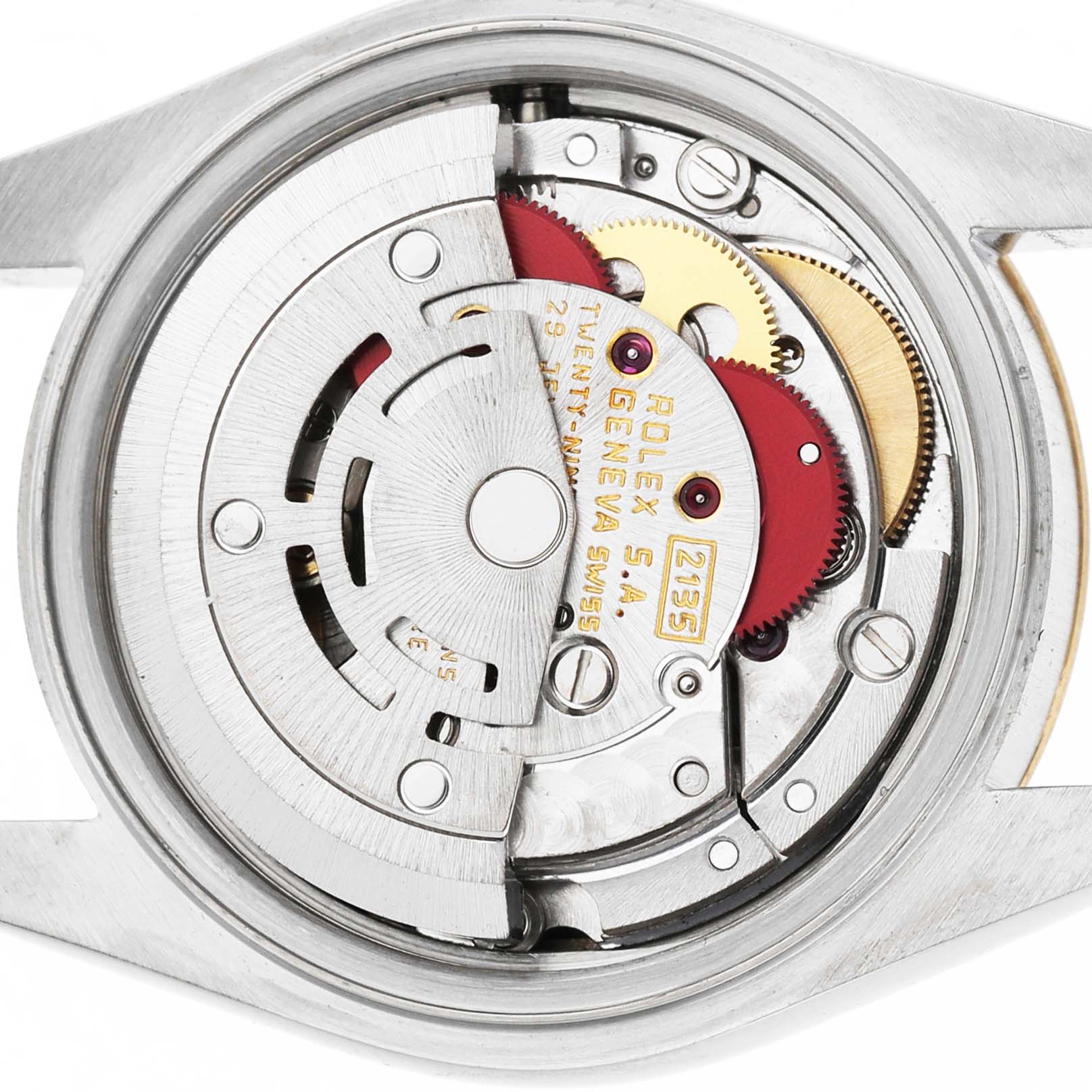The image shows the movement from the back of the Rolex Datejust 69173 Women's Steel and Gold (two tone) Blue Dial, highlighting its intricate mechanical parts.
