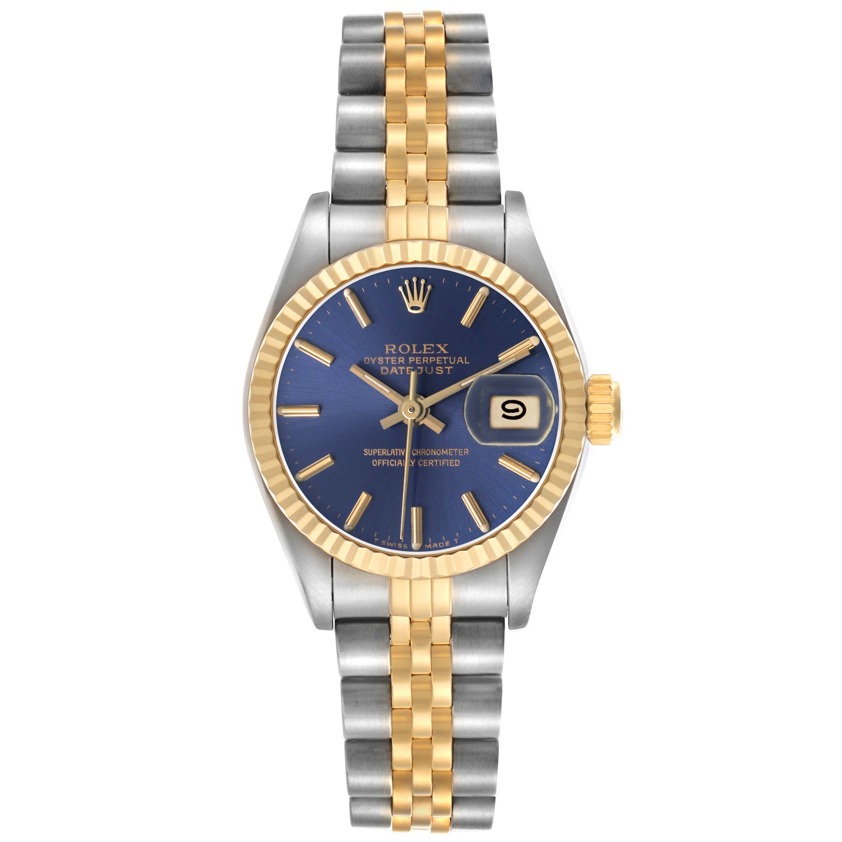 The Rolex Datejust 69173 Women's Steel and Gold (two tone) Blue Dial watch is shown from a top-down angle, highlighting the dial, bezel, crown, and bracelet.