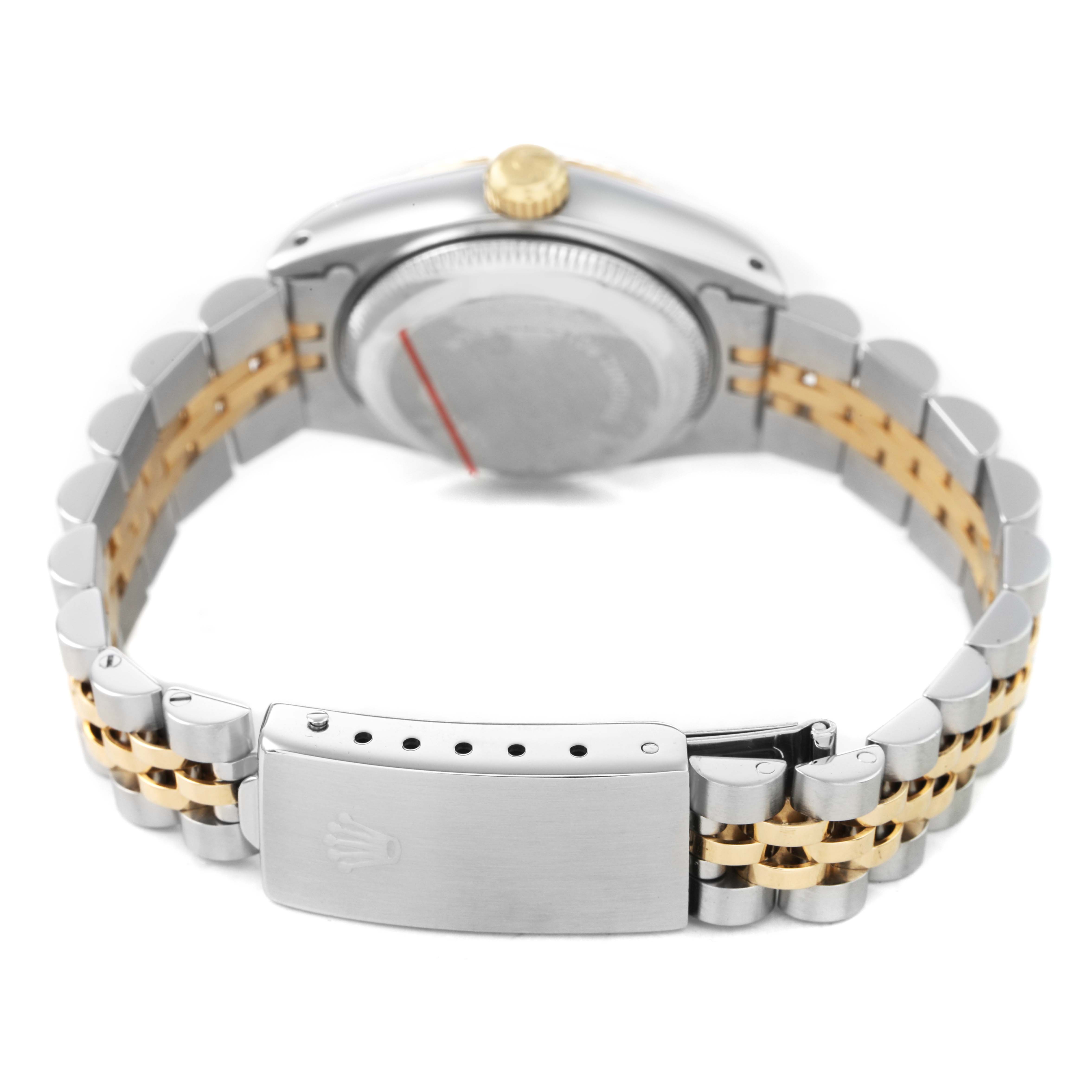 The image shows the back of a Rolex Datejust 69173 Women's Steel and Gold (two tone) Blue Dial watch, highlighting the bracelet and clasp.