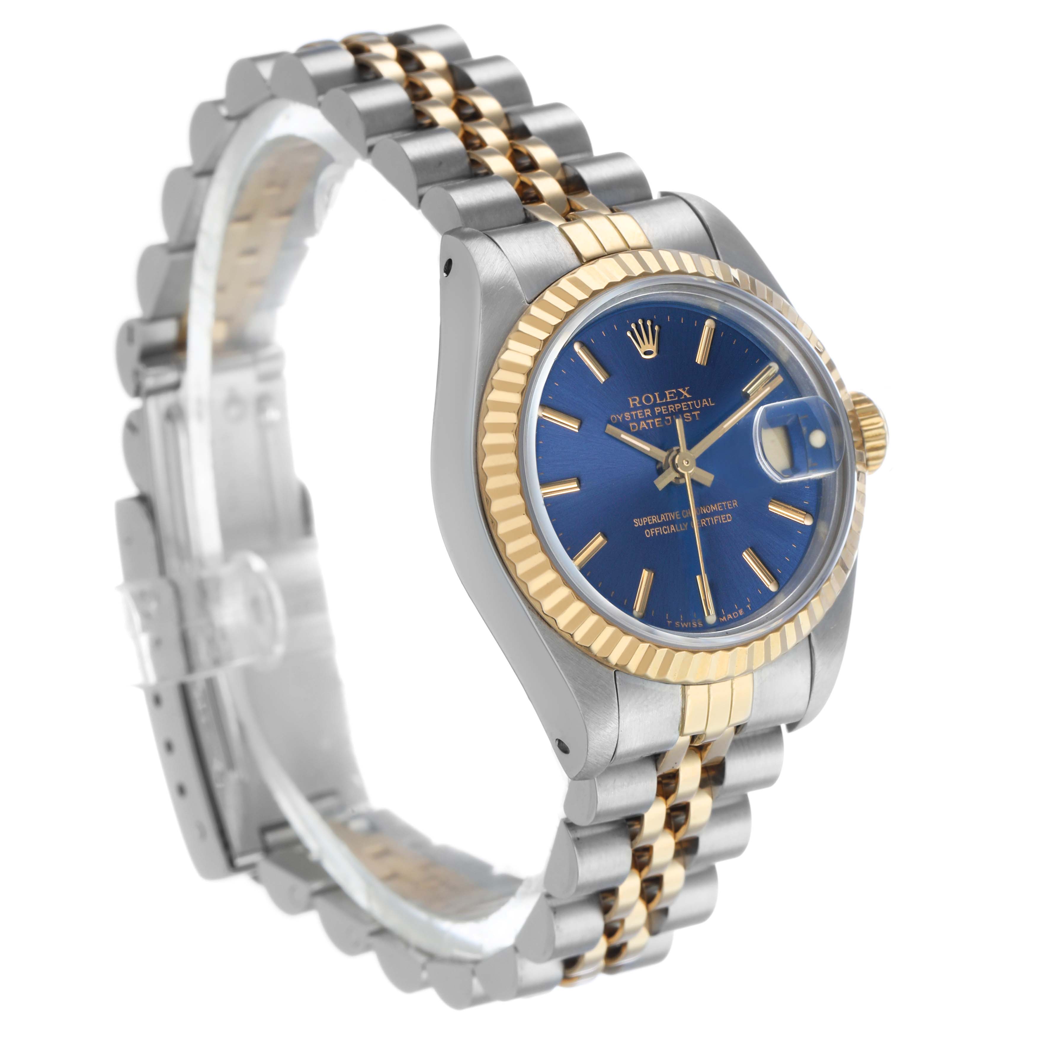 The Rolex Datejust 69173 Women's Steel and Gold (two tone) Blue Dial watch is shown at a three-quarter angle, highlighting the blue dial, fluted bezel, and two-tone bracelet.