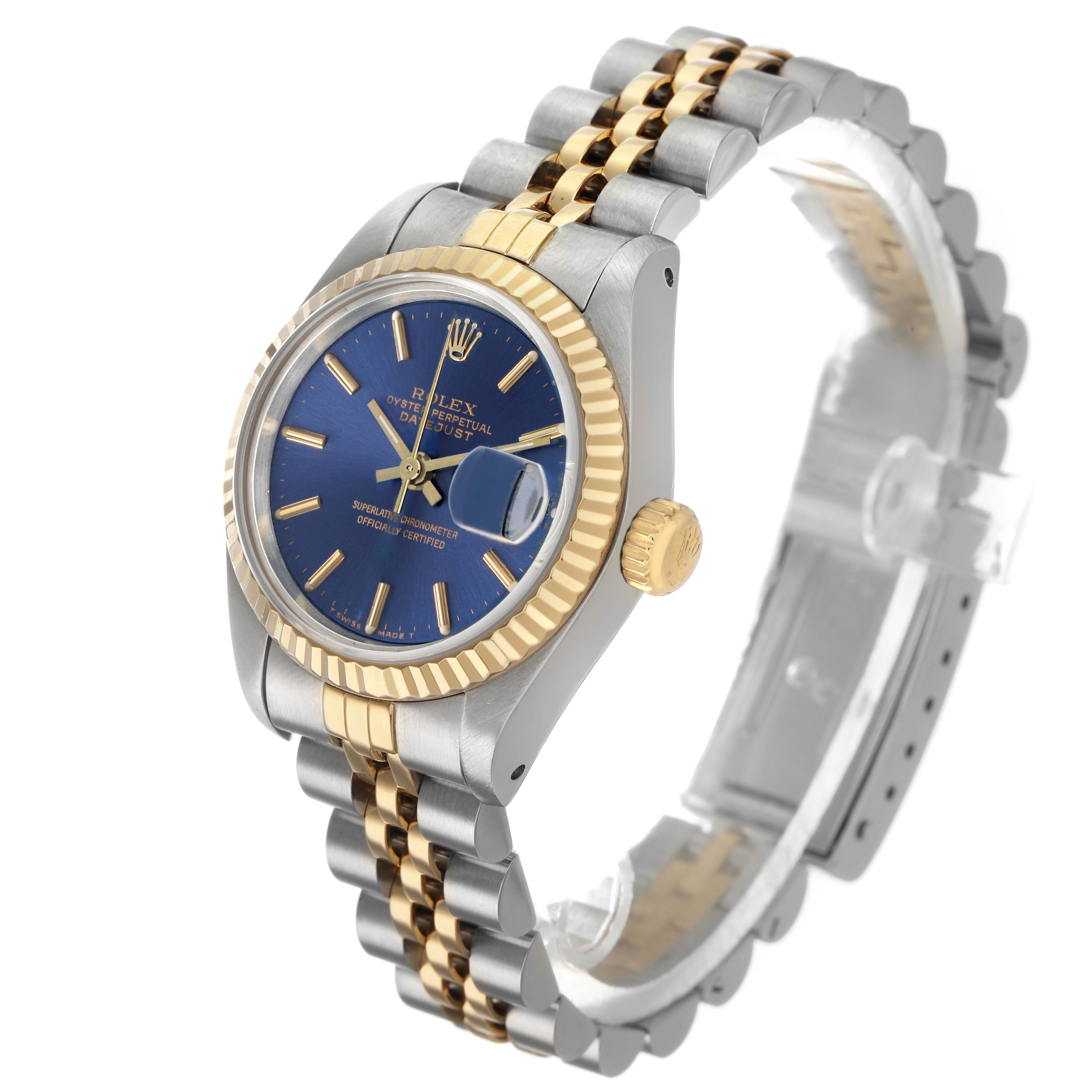 The Rolex Datejust 69173 Women's Steel and Gold (two tone) Blue Dial watch is shown at a three-quarter angle, displaying the face, bezel, and bracelet.