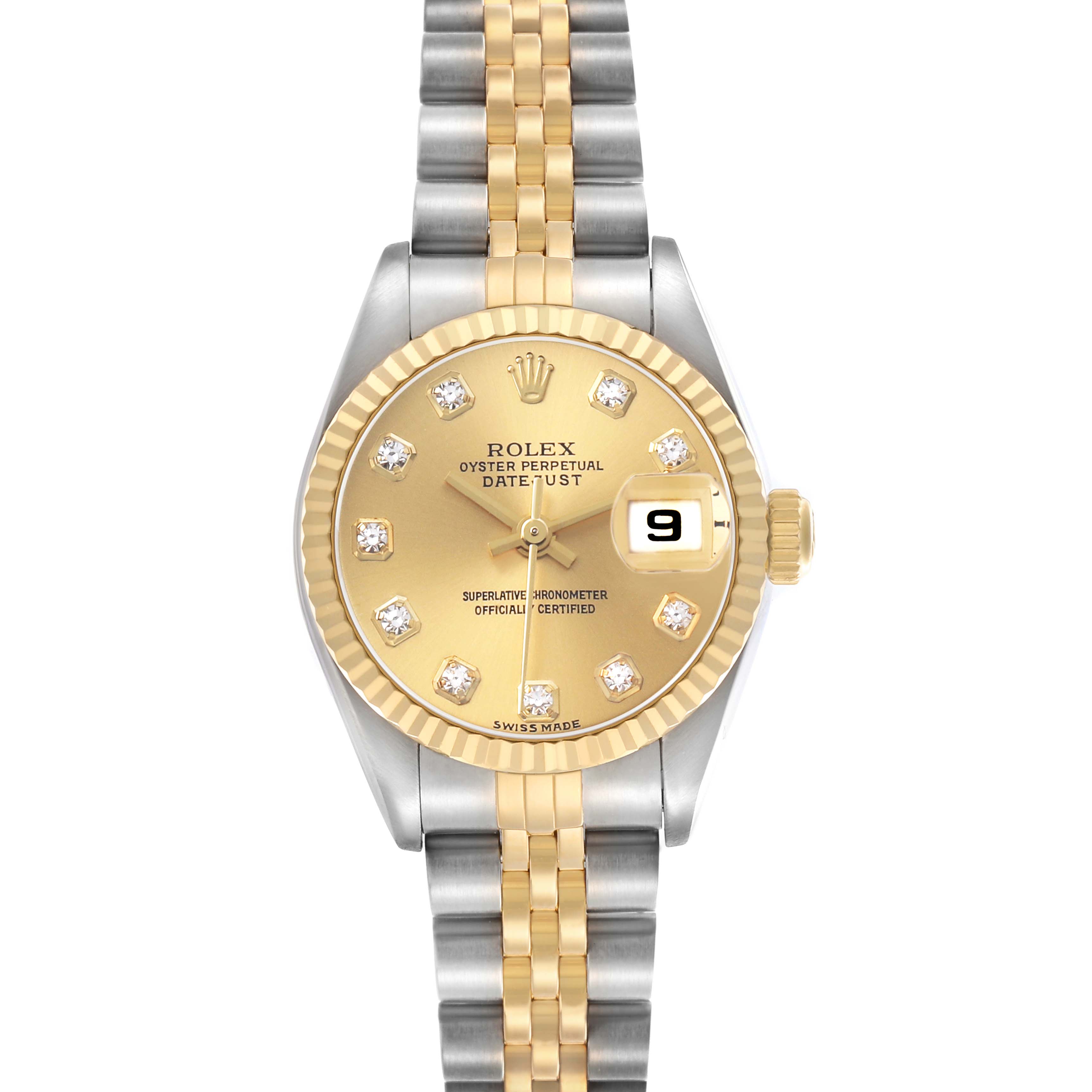 The Rolex Datejust 79173 Women's Stainless Steel Champagne Dial model is shown from the front, highlighting its dial, bezel, and two-tone bracelet.