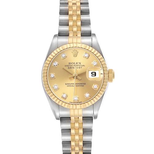 The image shows a frontal view of the Rolex Datejust 79173 Women's Stainless Steel Champagne Dial, highlighting the gold and silver bracelet, diamond-set dial, and date feature.