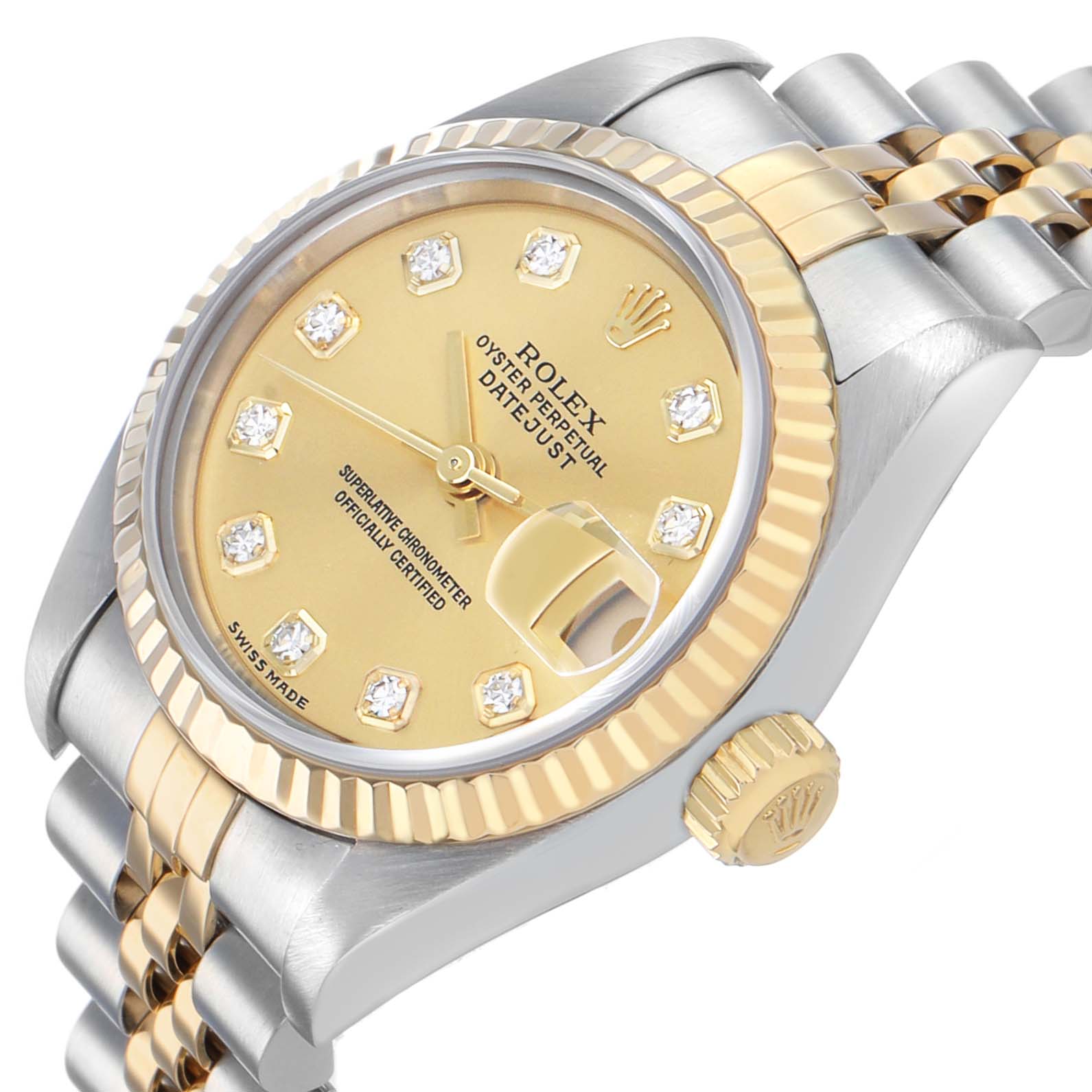 The image shows a Rolex Datejust 79173 Women's Stainless Steel Champagne Dial watch at an angled side view, highlighting its gold dial, diamond hour markers, fluted bezel, and Jubilee bracelet.
