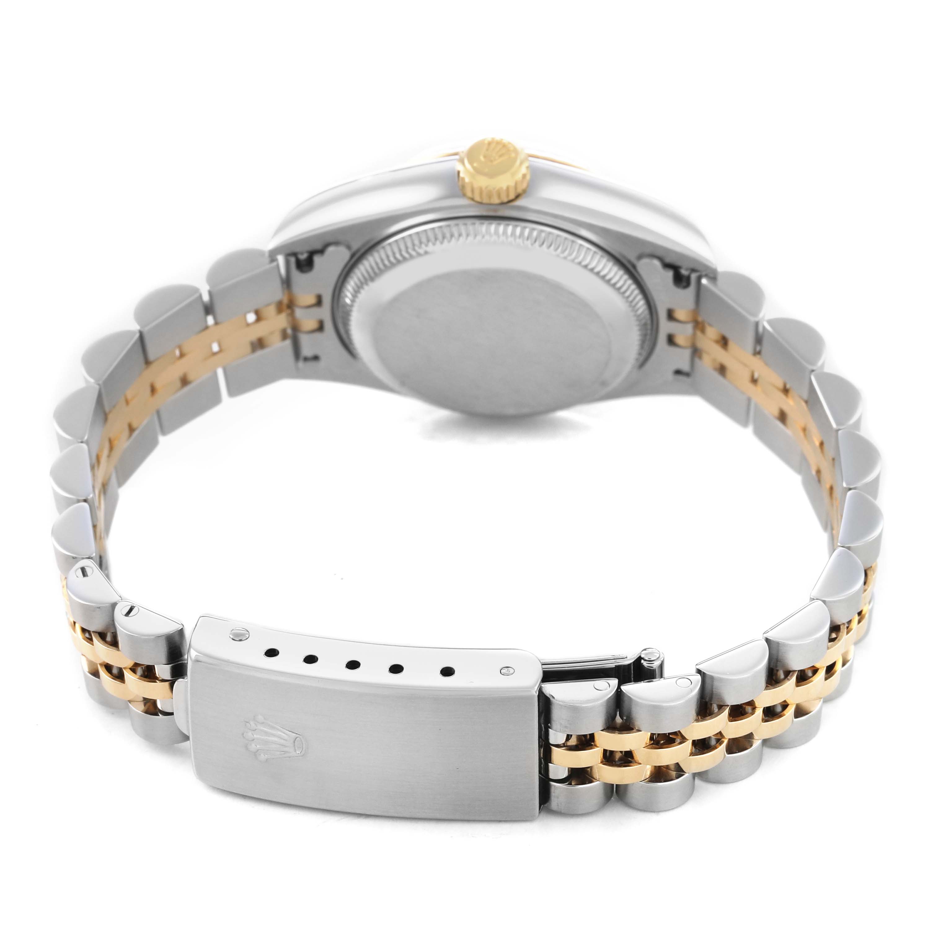 The image shows the back of a Rolex Datejust 79173 Women's Stainless Steel Champagne Dial watch, featuring the case back, crown, and two-tone Jubilee bracelet.