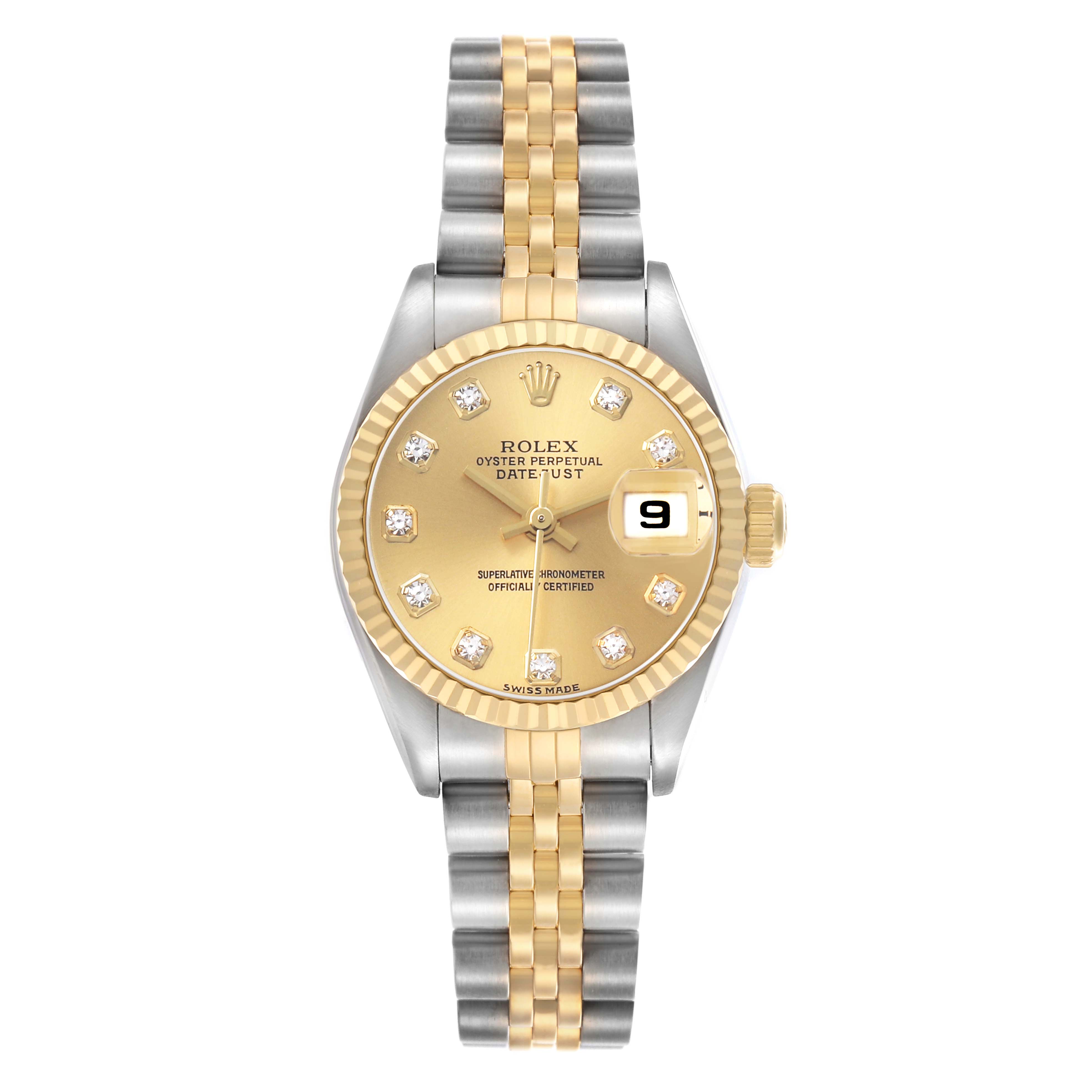 The Rolex Datejust 79173 Women's Stainless Steel Champagne Dial watch is shown from the front, displaying its two-tone bracelet, gold dial, and date window.