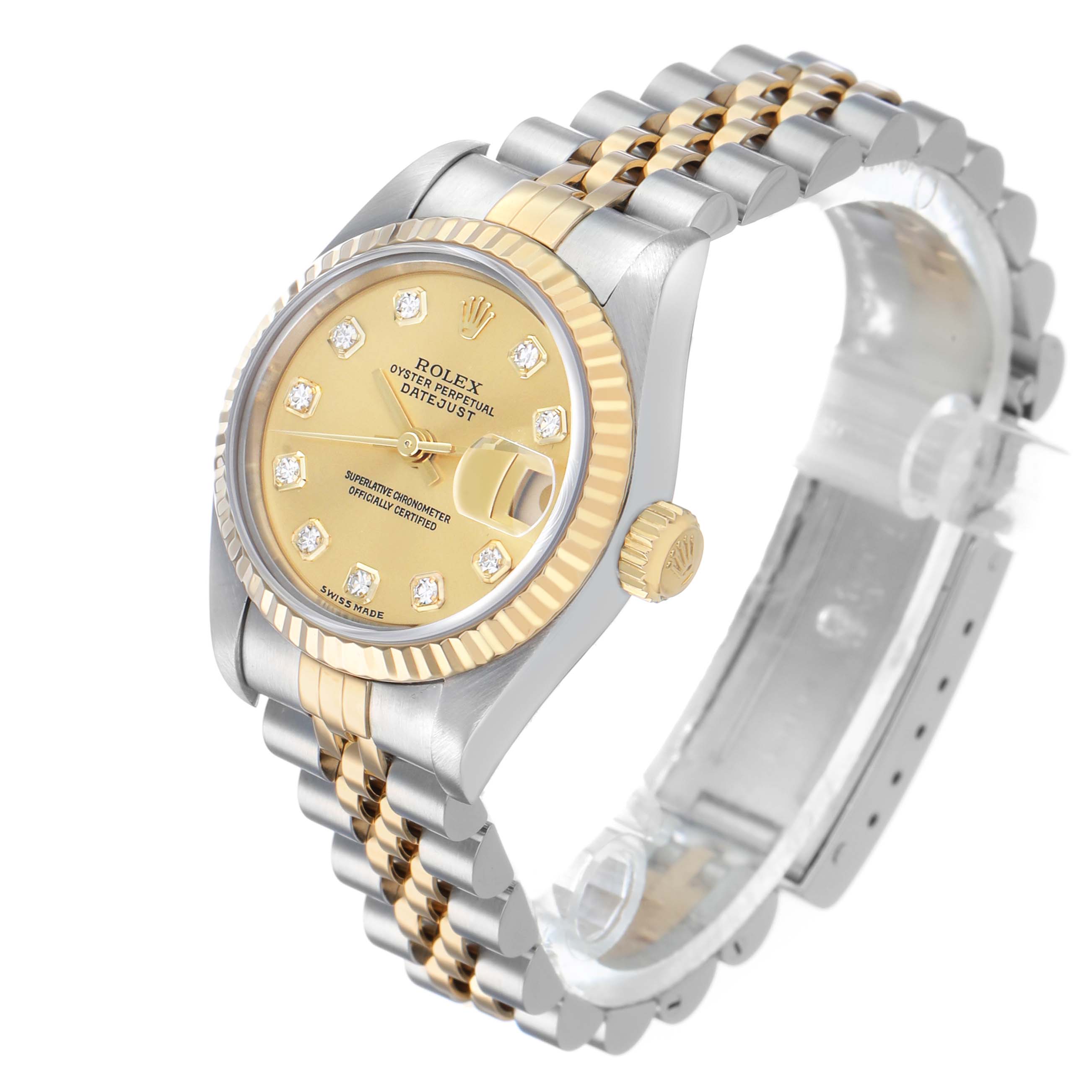 The Rolex Datejust 79173 Women's Stainless Steel Champagne Dial watch is shown at a slight angle, displaying its face, bezel, crown, and bracelet.