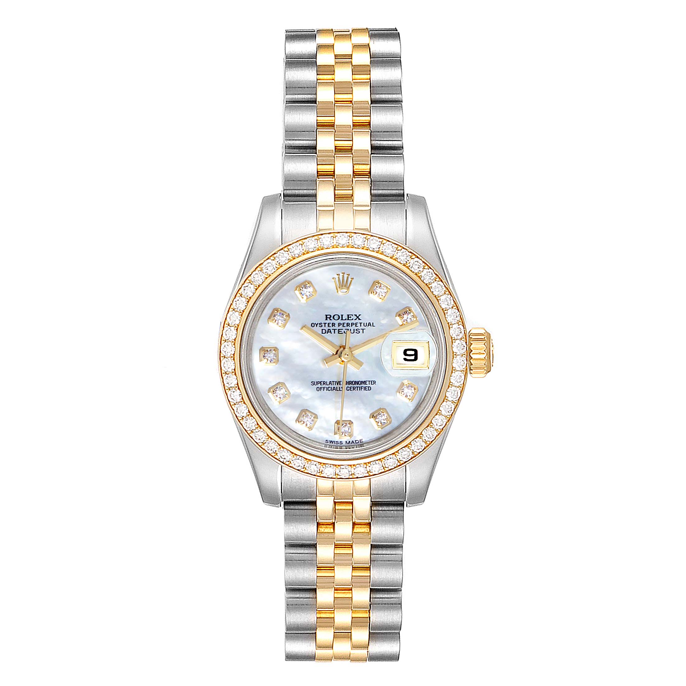 This image shows a Rolex Datejust 179383 Women
s Steel and Gold (two tone) Mother of Pearl Dial 179383 Women
s Steel and Gold (two tone) Mother of Pearl Dial watch from a top-down angle, featuring a two-tone bracelet and a diamond bezel.