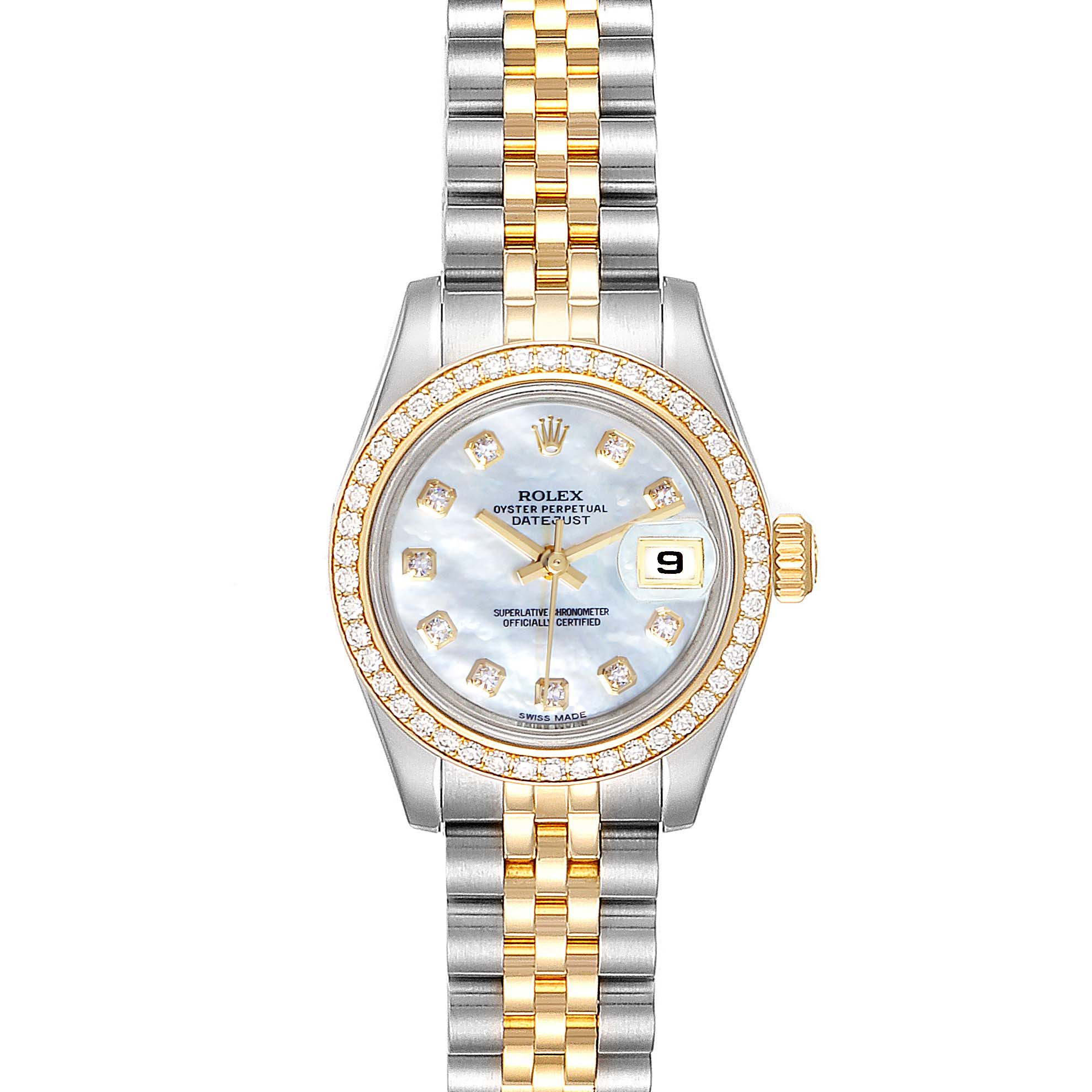 The image shows a Rolex Datejust 179383 Women
s Steel and Gold (two tone) Mother of Pearl Dial 179383 Women
s Steel and Gold (two tone) Mother of Pearl Dial watch from a top-down angle, highlighting its dial, bezel, and bracelet.