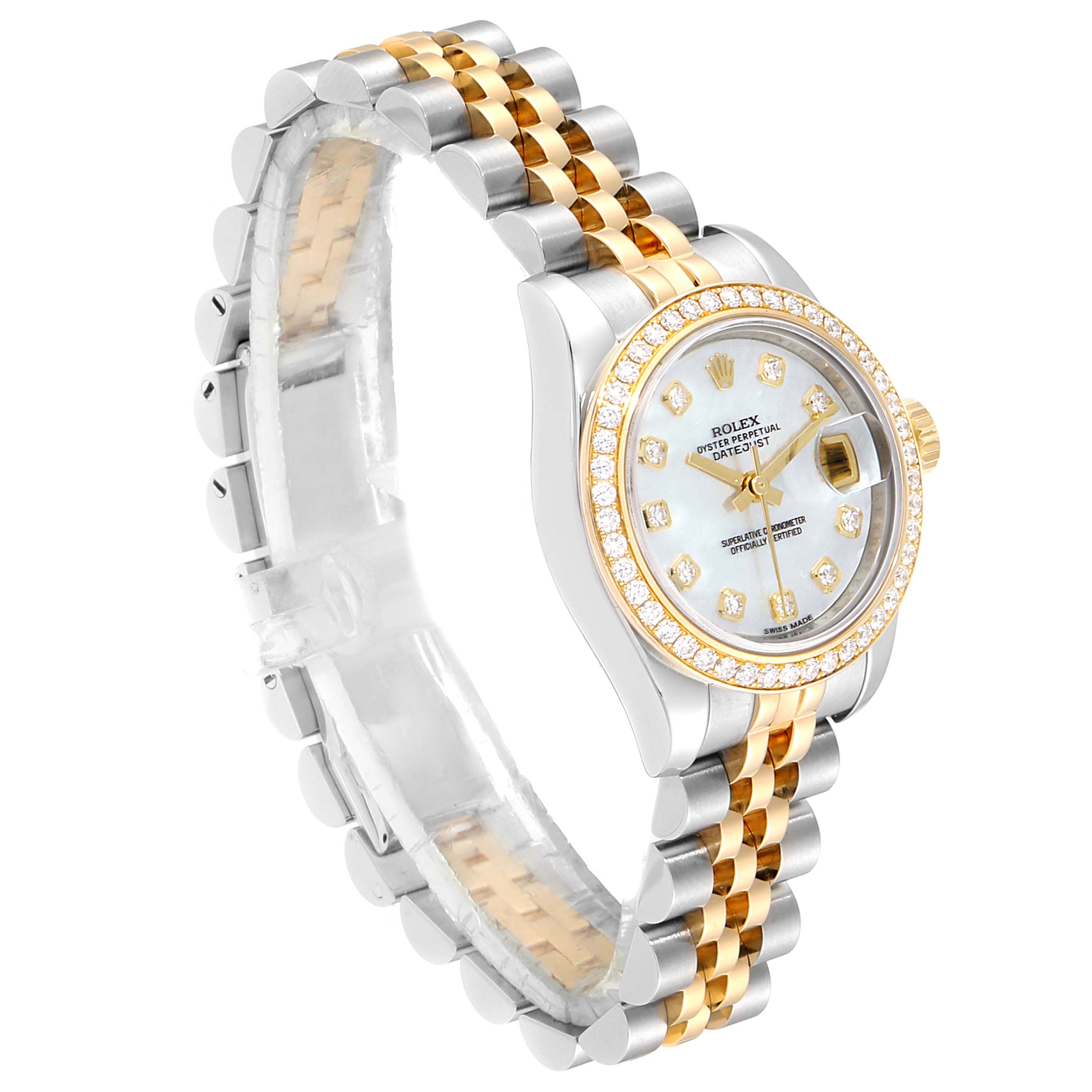 This image shows a side angle of the Rolex Datejust 179383 Women
s Steel and Gold (two tone) Mother of Pearl Dial 179383 Women
s Steel and Gold (two tone) Mother of Pearl Dial, highlighting its two-tone bracelet, diamond bezel, and dial.