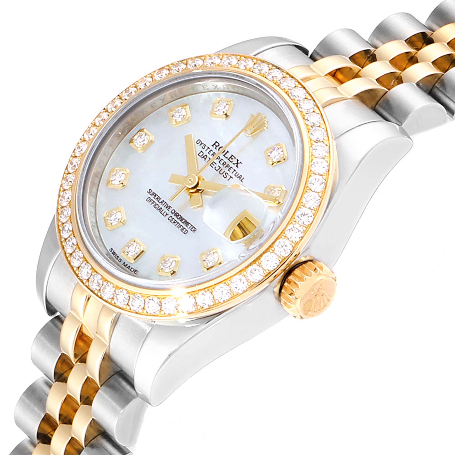 The Rolex Datejust 179383 Women
s Steel and Gold (two tone) Mother of Pearl Dial 179383 Women
s Steel and Gold (two tone) Mother of Pearl Dial watch is shown at a slight angle, highlighting its bezel, dial, crown, and part of the bracelet.