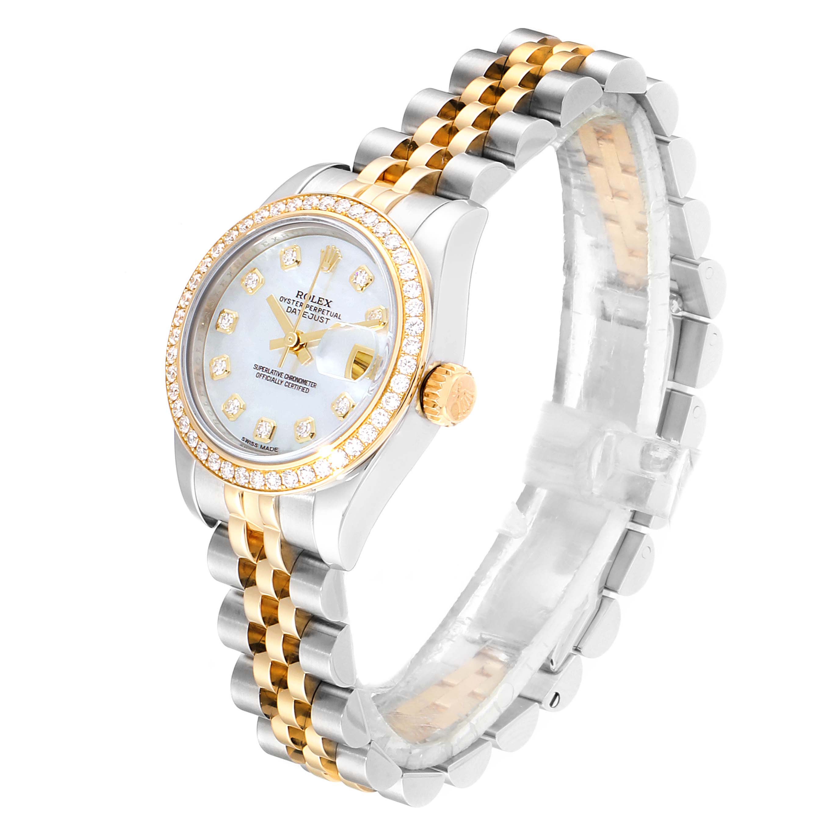 This image displays a Rolex Datejust 179383 Women
s Steel and Gold (two tone) Mother of Pearl Dial 179383 Women
s Steel and Gold (two tone) Mother of Pearl Dial watch from a 3/4 angle, highlighting the bezel, dial, crown, and two-tone bracelet.
