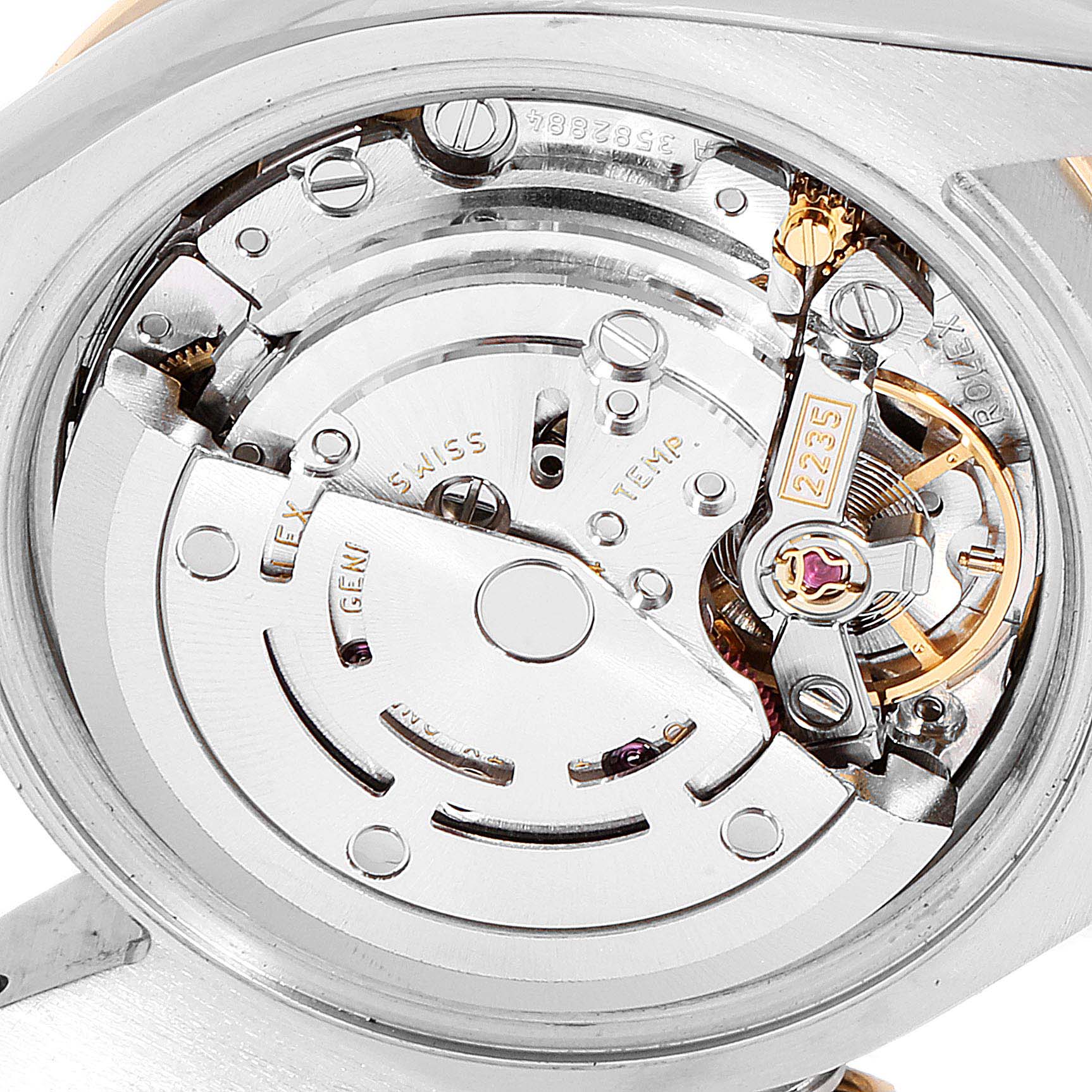 This image shows the internal mechanical movement of the Rolex Datejust 179383 Women
s Steel and Gold (two tone) Mother of Pearl Dial 179383 Women
s Steel and Gold (two tone) Mother of Pearl Dial watch, viewed from the back.