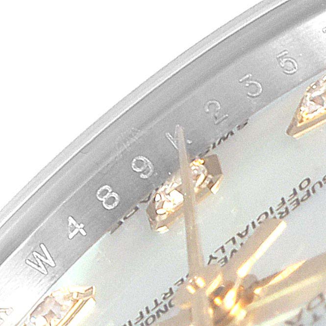 This image shows a close-up of the partial dial and gold hour markers of a Rolex Datejust 179383 Women
s Steel and Gold (two tone) Mother of Pearl Dial 179383 Women
s Steel and Gold (two tone) Mother of Pearl Dial watch.