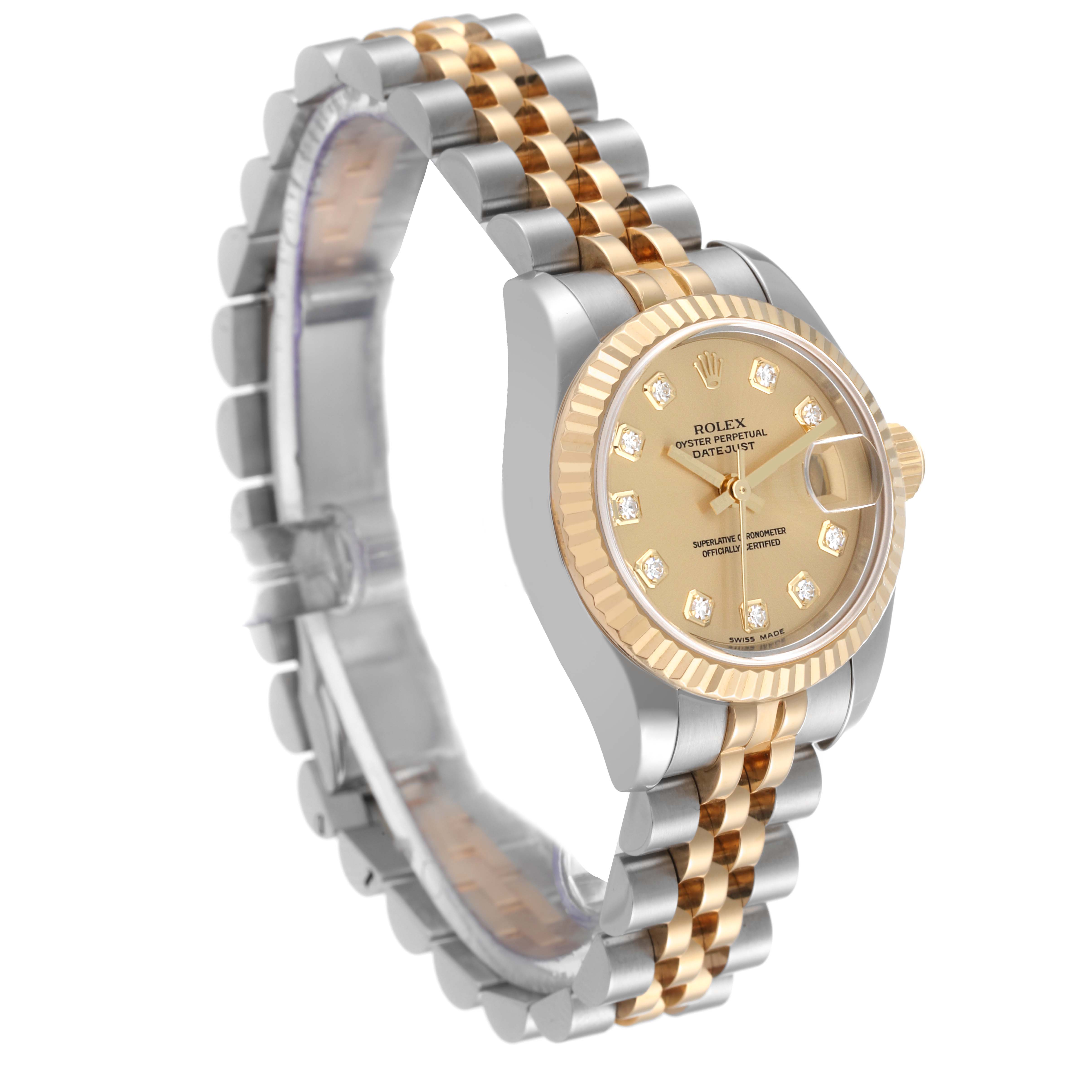 The Rolex Datejust 179173 Women's Steel and Gold (two tone) Champagne Dial 179173 Women's Steel and Gold (two tone) Champagne Dial watch is shown at a three-quarter angle, displaying the dial, bezel, and bracelet.