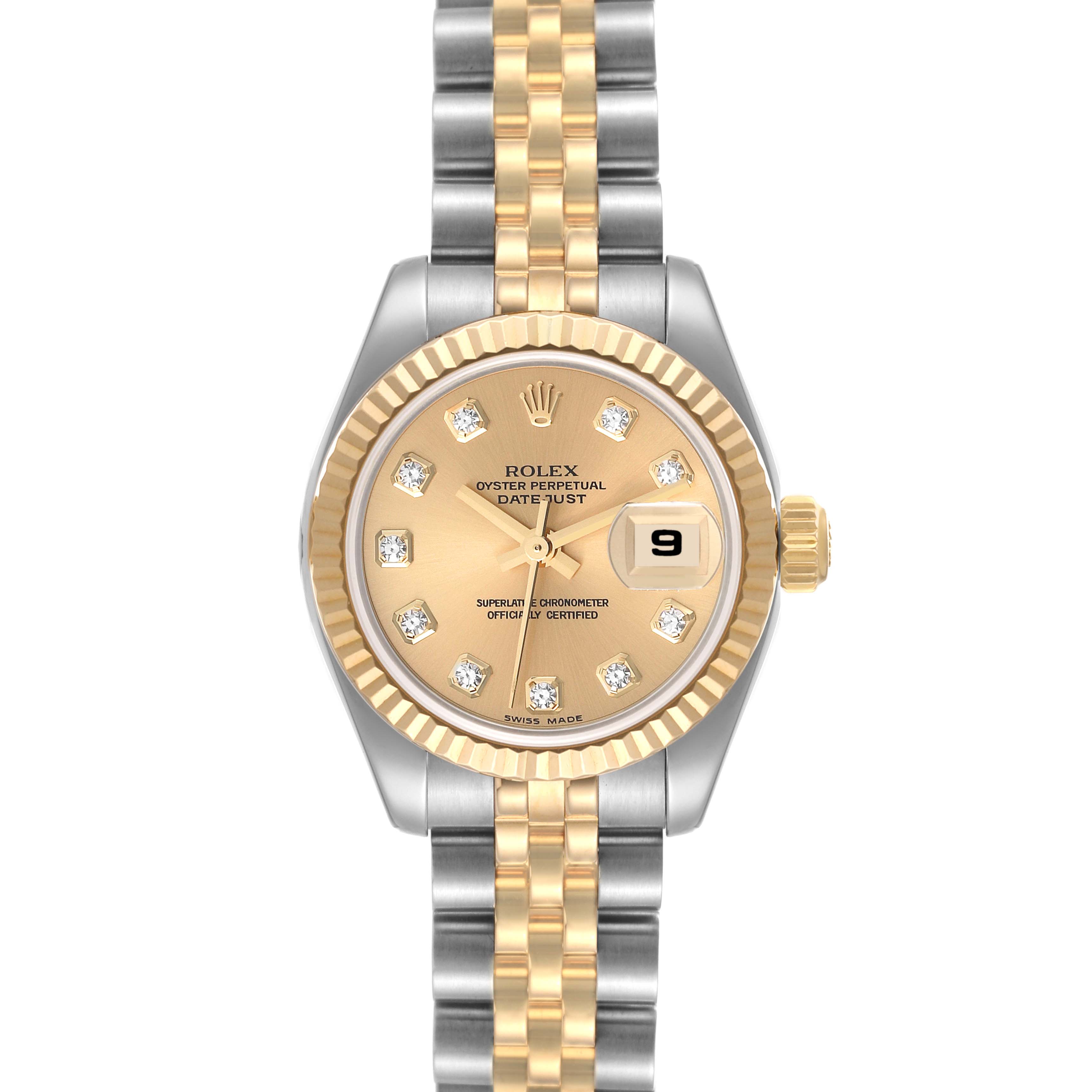 The Rolex Datejust 179173 Women's Steel and Gold (two tone) Champagne Dial 179173 Women's Steel and Gold (two tone) Champagne Dial watch is shown from a top-down angle, displaying the face, bezel, crown, and part of the bracelet.
