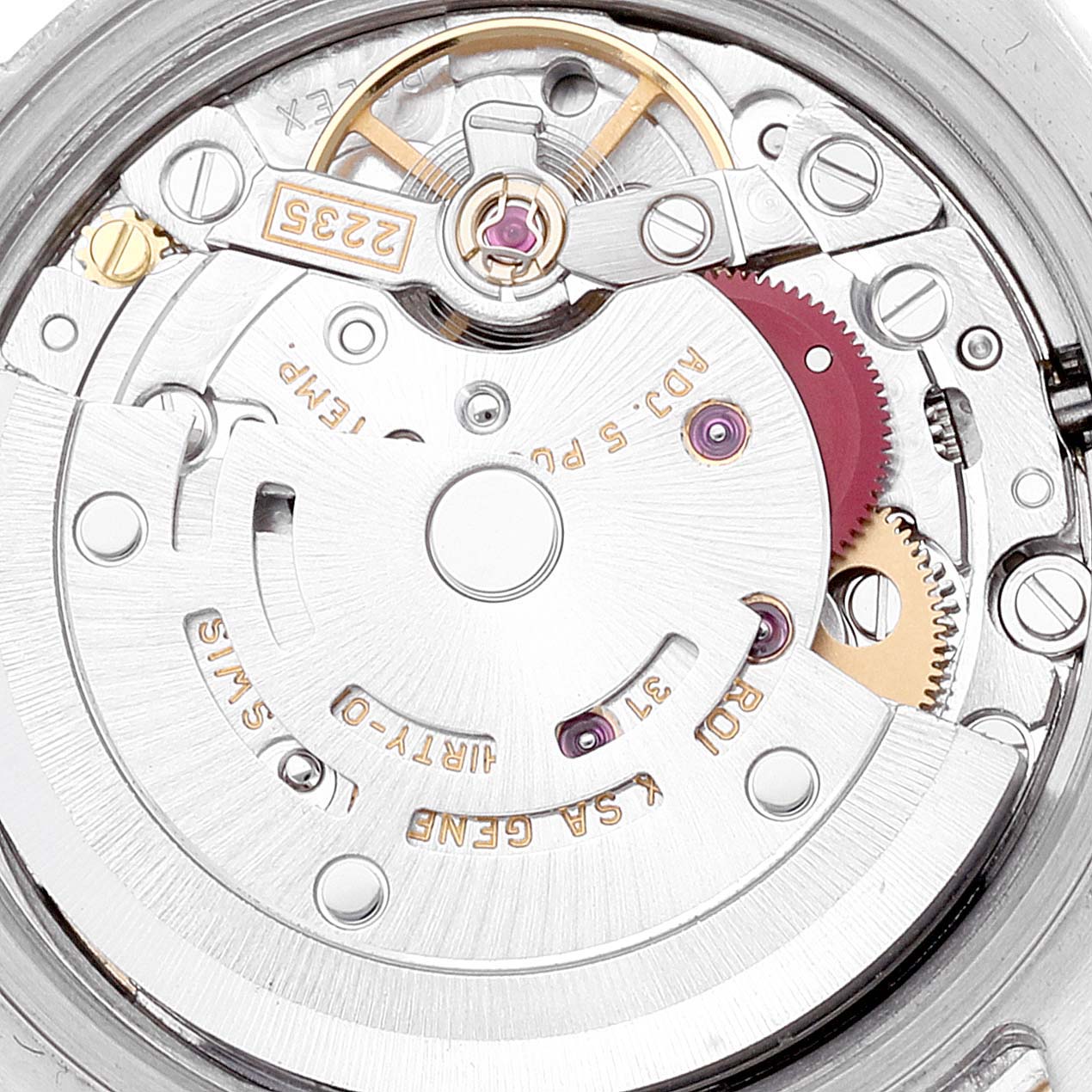 The image shows the inner mechanical movement of a Rolex Datejust 179173 Women's Steel and Gold (two tone) Champagne Dial 179173 Women's Steel and Gold (two tone) Champagne Dial watch from a top-down view.