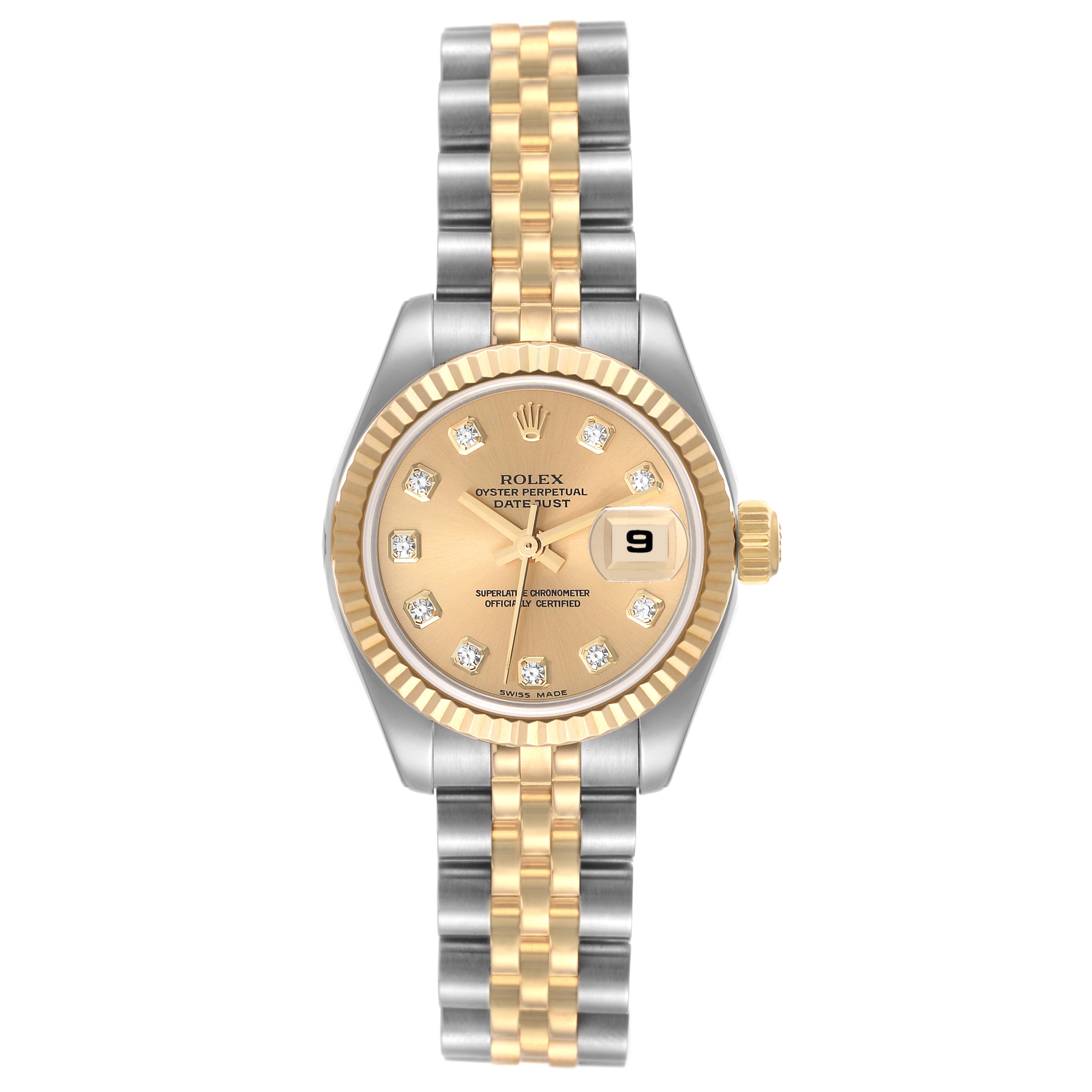 This image shows a Rolex Datejust 179173 Women's Steel and Gold (two tone) Champagne Dial 179173 Women's Steel and Gold (two tone) Champagne Dial watch from the front, displaying its dial, bezel, bracelet, and date window.
