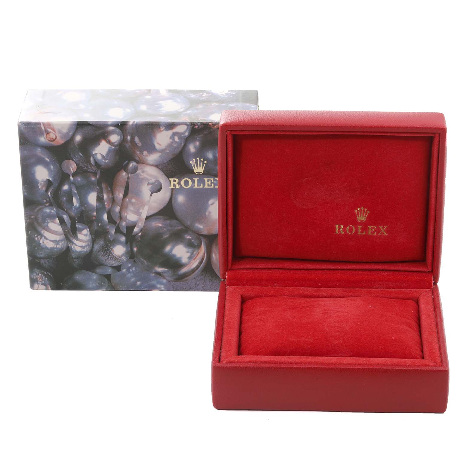 The image shows a Rolex Datejust 179173 Women's Steel and Gold (two tone) Champagne Dial 179173 Women's Steel and Gold (two tone) Champagne Dial watch box, including an outer decorative box and an inner red velvet-lined case, viewed from the front.