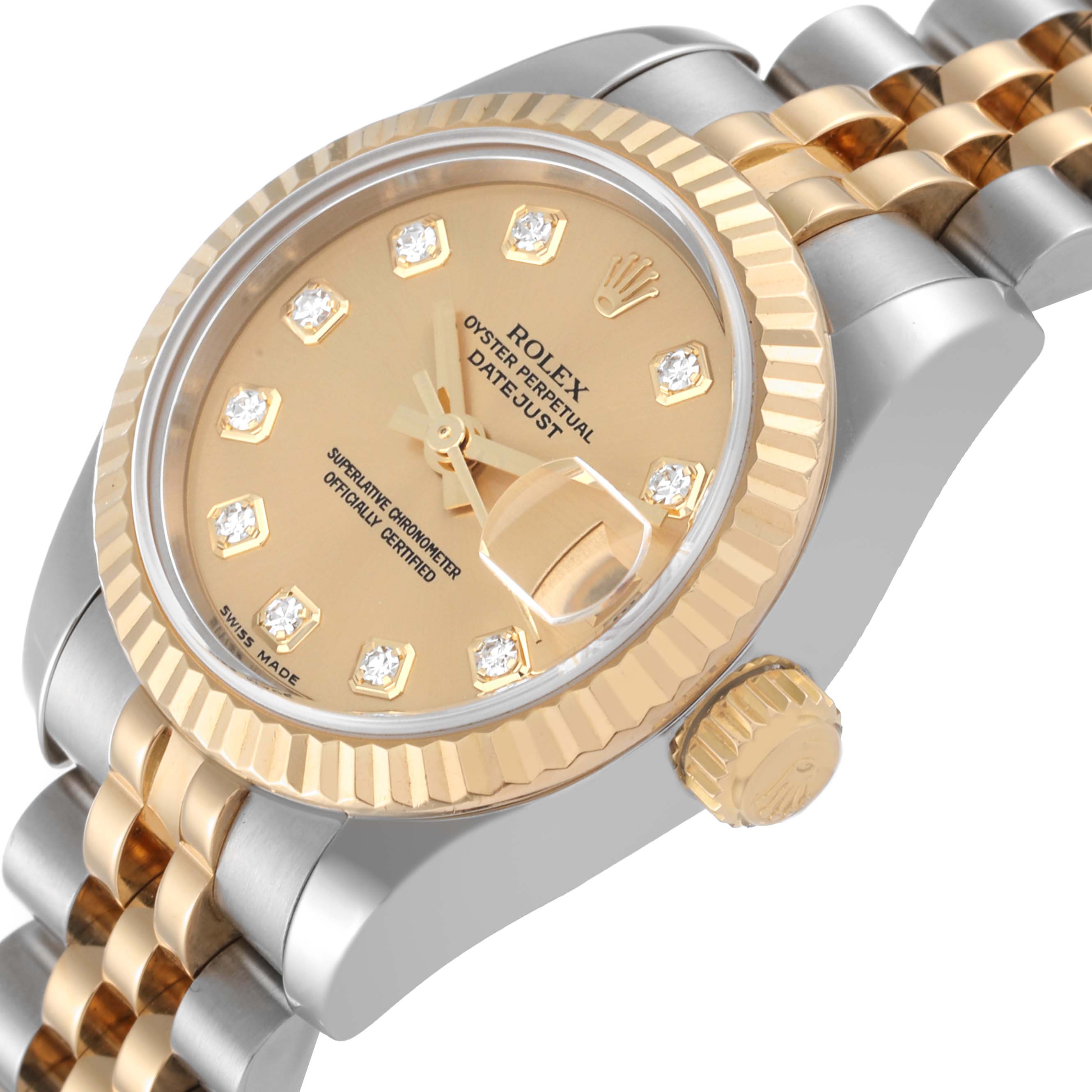 The image shows a Rolex Datejust 179173 Women's Steel and Gold (two tone) Champagne Dial 179173 Women's Steel and Gold (two tone) Champagne Dial watch at an angled close-up, highlighting its face, bezel, and part of the bracelet.