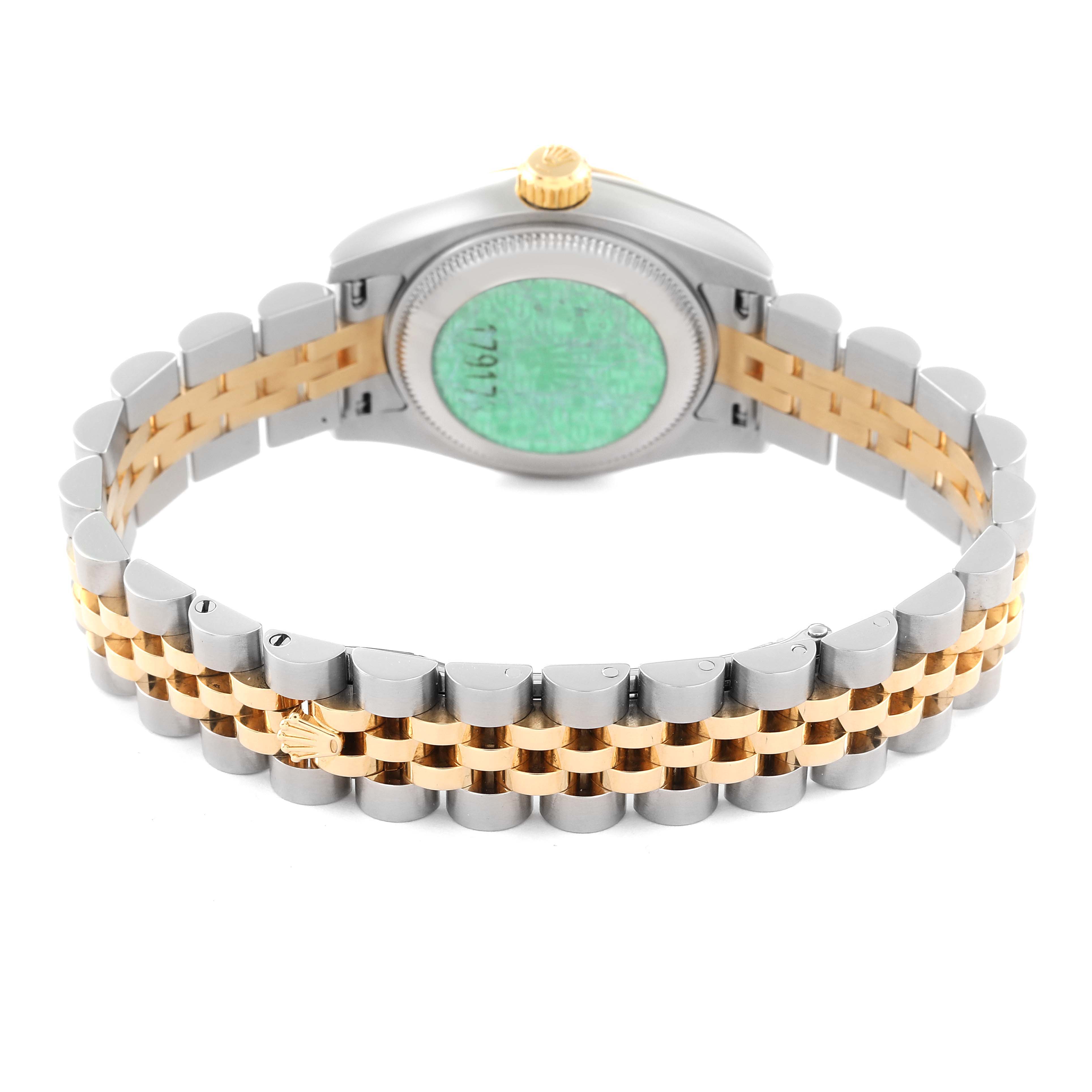 The image shows the back and bracelet of the Rolex Datejust 179173 Women's Steel and Gold (two tone) Champagne Dial 179173 Women's Steel and Gold (two tone) Champagne Dial watch with a two-tone metal design.