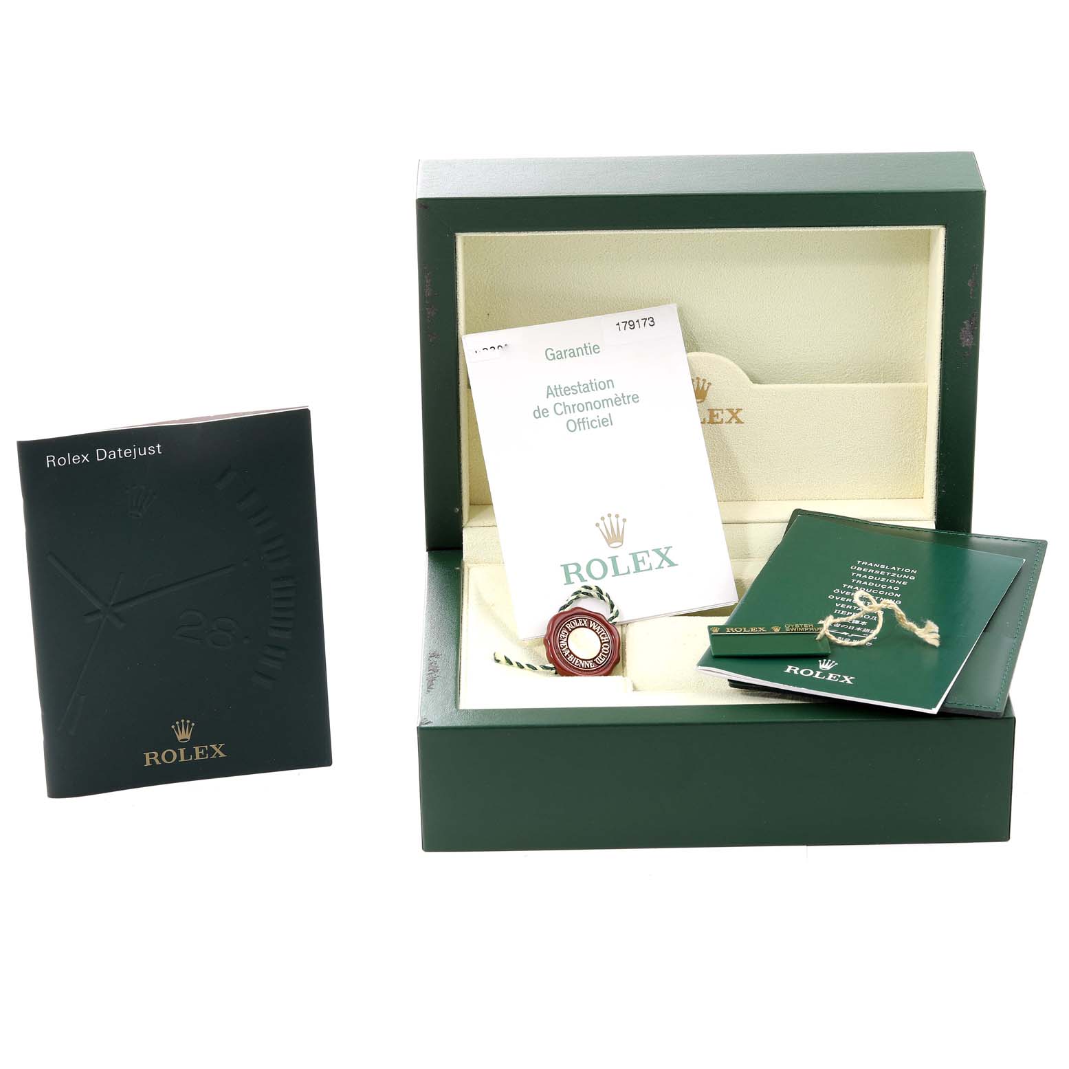 The image shows the box, warranty, manual, and tags for a Rolex Datejust 179173 Women's Steel and Gold (two tone) Champagne Dial 179173 Women's Steel and Gold (two tone) Champagne Dial watch.