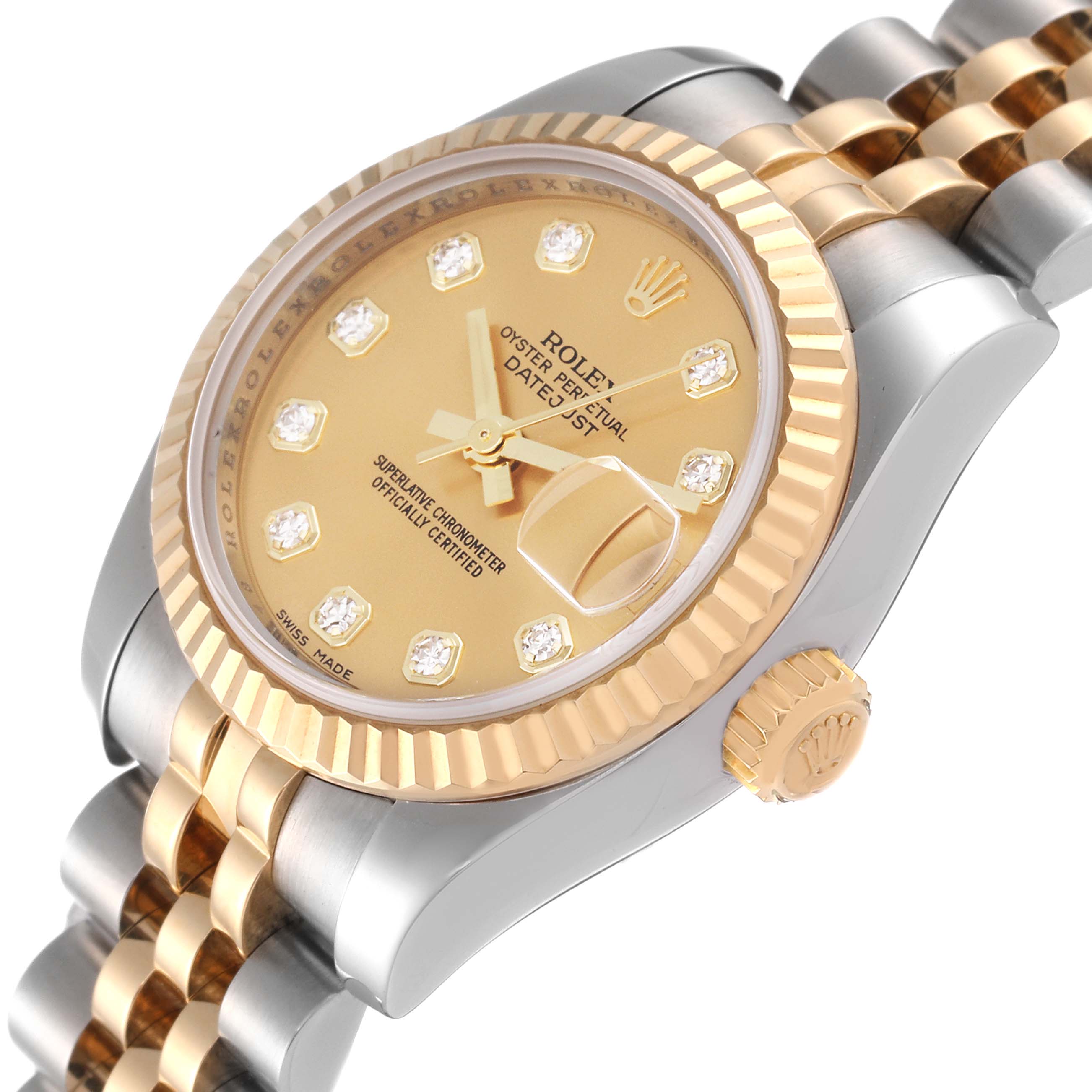 The image shows a Rolex Datejust 179173 Women's Steel and Gold (two tone) Champagne Dial 179173 Women's Steel and Gold (two tone) Champagne Dial watch at an angled side view, highlighting the gold bezel, crown, and half of the jubilee bracelet.