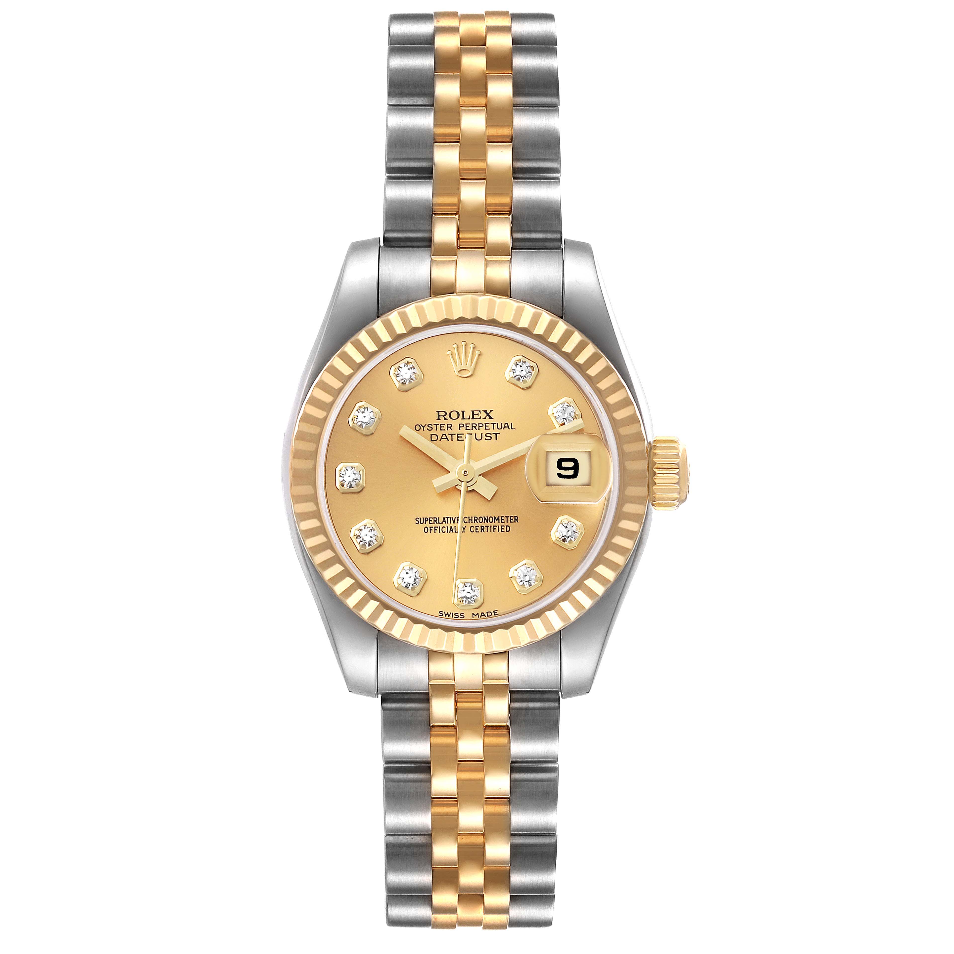 This is a front-view image of a Rolex Datejust 179173 Women's Steel and Gold (two tone) Champagne Dial 179173 Women's Steel and Gold (two tone) Champagne Dial watch, showing the dial, bezel, case, and bracelet.