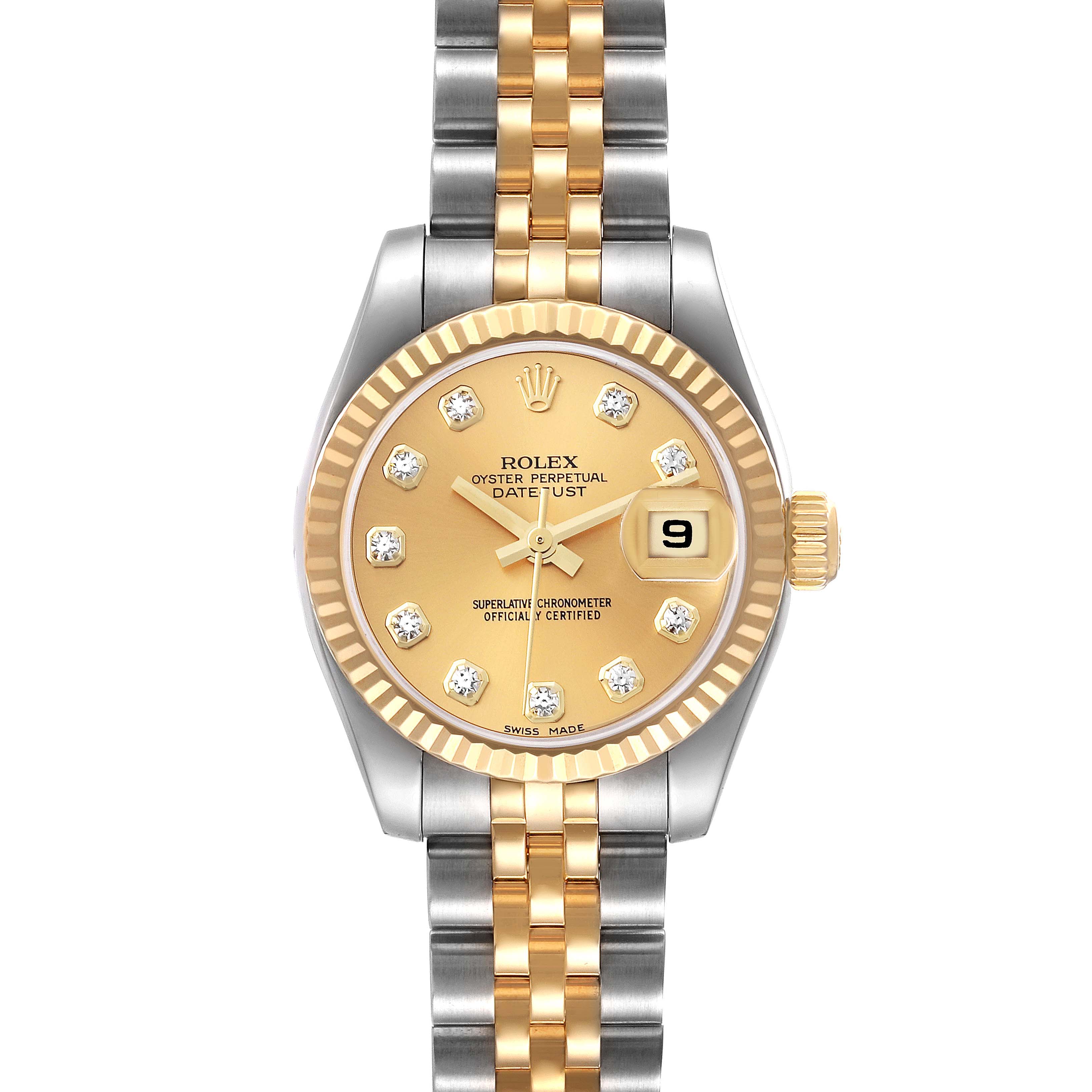 This Rolex Datejust 179173 Women's Steel and Gold (two tone) Champagne Dial 179173 Women's Steel and Gold (two tone) Champagne Dial watch is shown from a top-down angle, displaying the face, bezel, and two-tone bracelet.