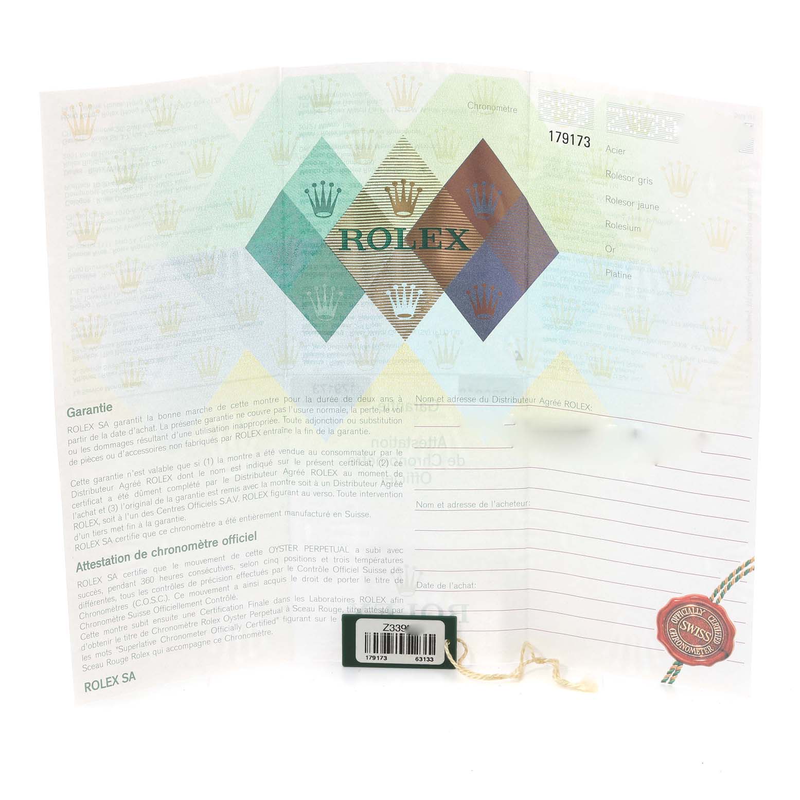 The image shows the warranty card and certification papers for a Rolex Datejust 179173 Women's Steel and Gold (two tone) Champagne Dial 179173 Women's Steel and Gold (two tone) Champagne Dial watch at an angled view.