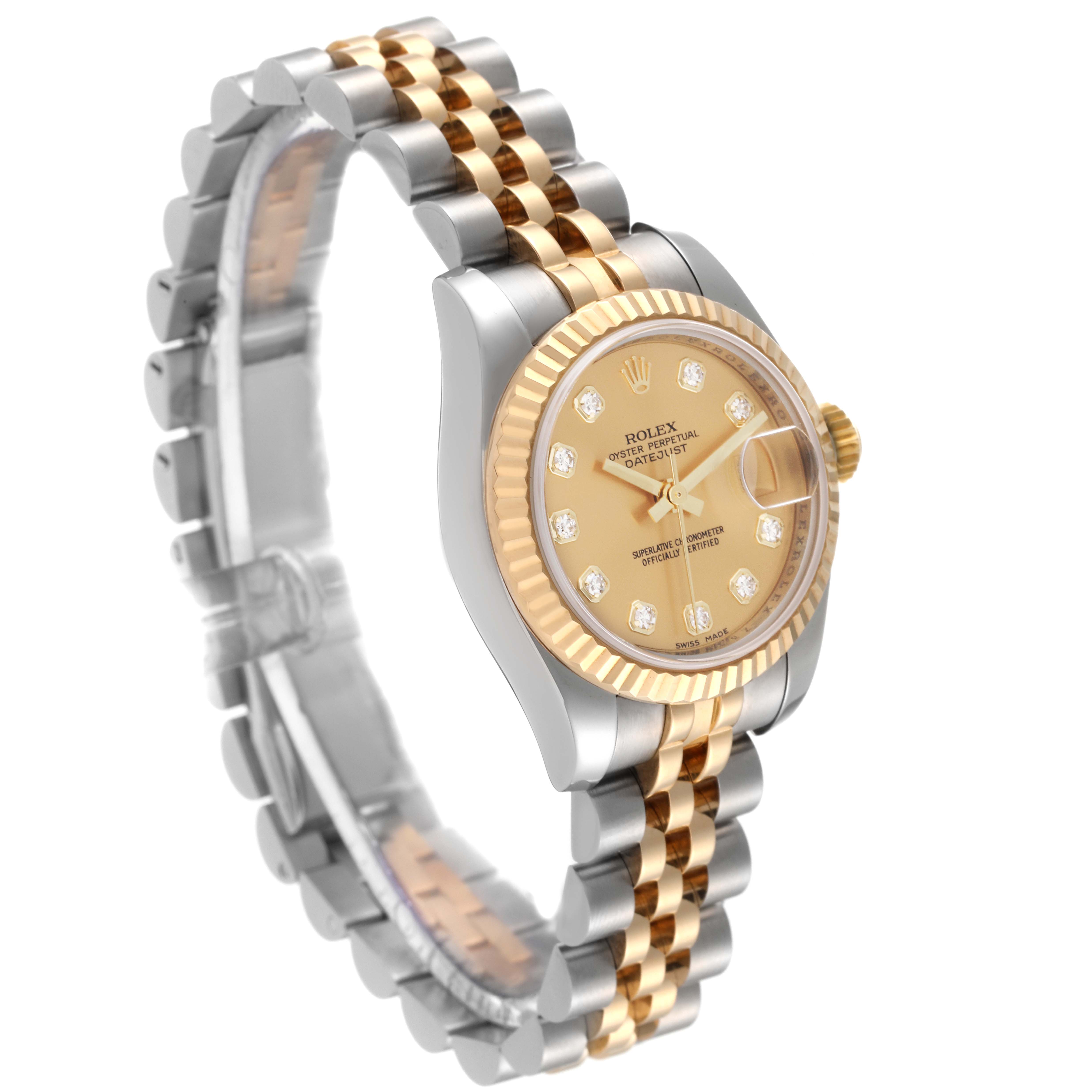 This Rolex Datejust 179173 Women's Steel and Gold (two tone) Champagne Dial 179173 Women's Steel and Gold (two tone) Champagne Dial watch is shown at a three-quarter angle, displaying its two-tone jubilee bracelet and gold dial with diamond markers.