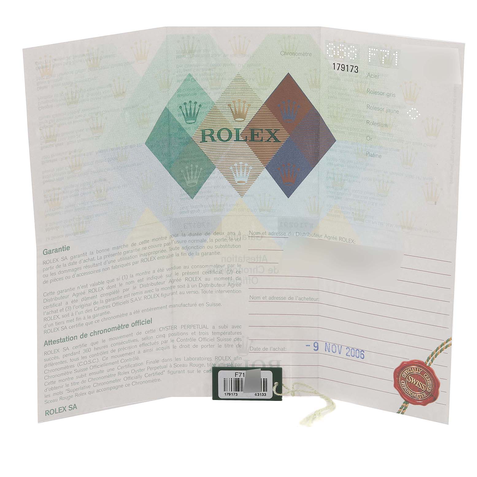 This image shows an open warranty certificate for the Rolex Datejust 179173 Women's Steel and Gold (two tone) Champagne Dial 179173 Women's Steel and Gold (two tone) Champagne Dial model.