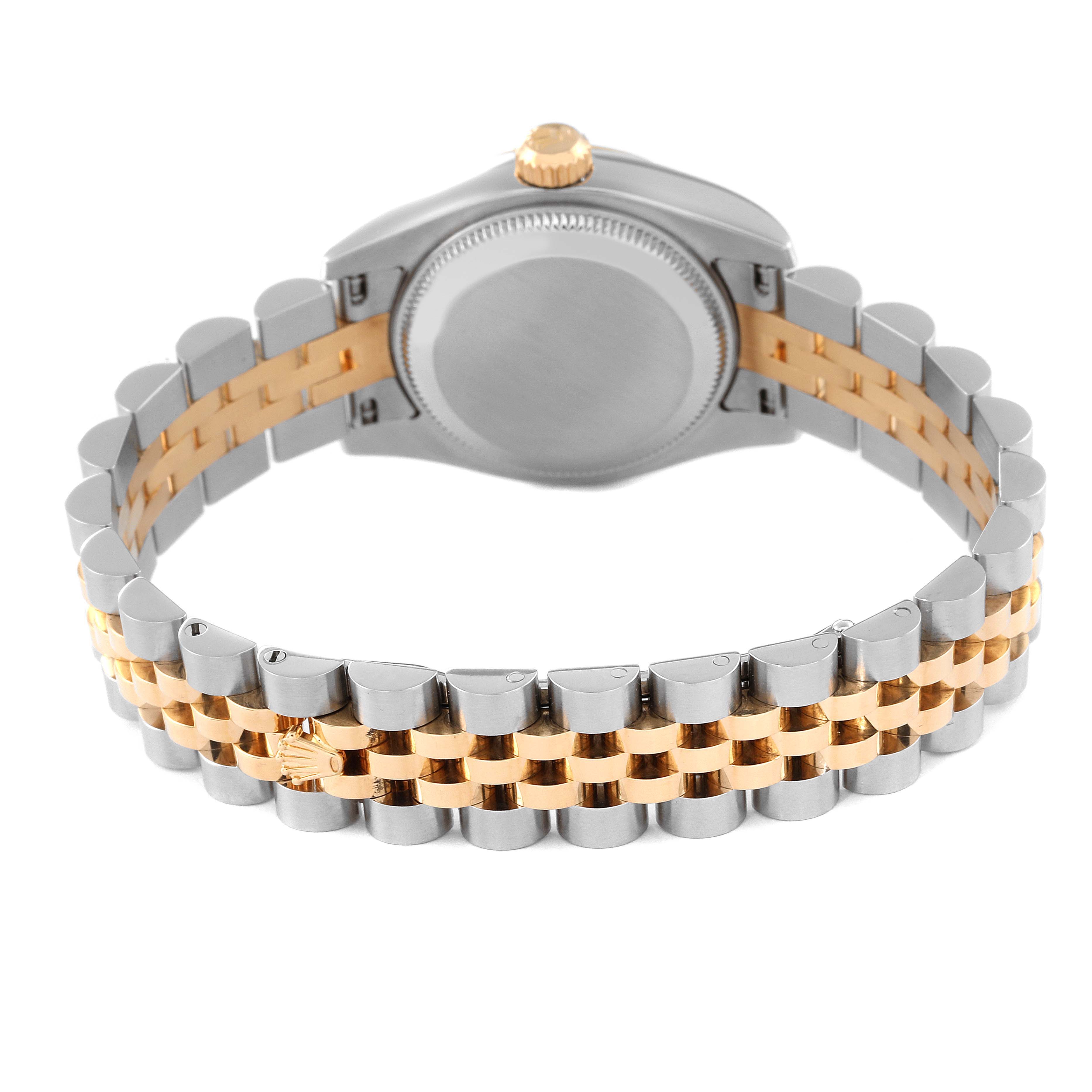 This image shows the back view of a Rolex Datejust 179173 Women's Steel and Gold (two tone) Champagne Dial 179173 Women's Steel and Gold (two tone) Champagne Dial watch showcasing its two-tone metal bracelet and case back.