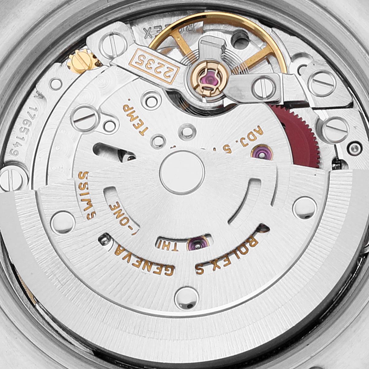 The image shows a close-up of the movement and internal mechanism of a Rolex Datejust 179173 Women's Steel and Gold (two tone) Champagne Dial 179173 Women's Steel and Gold (two tone) Champagne Dial watch.