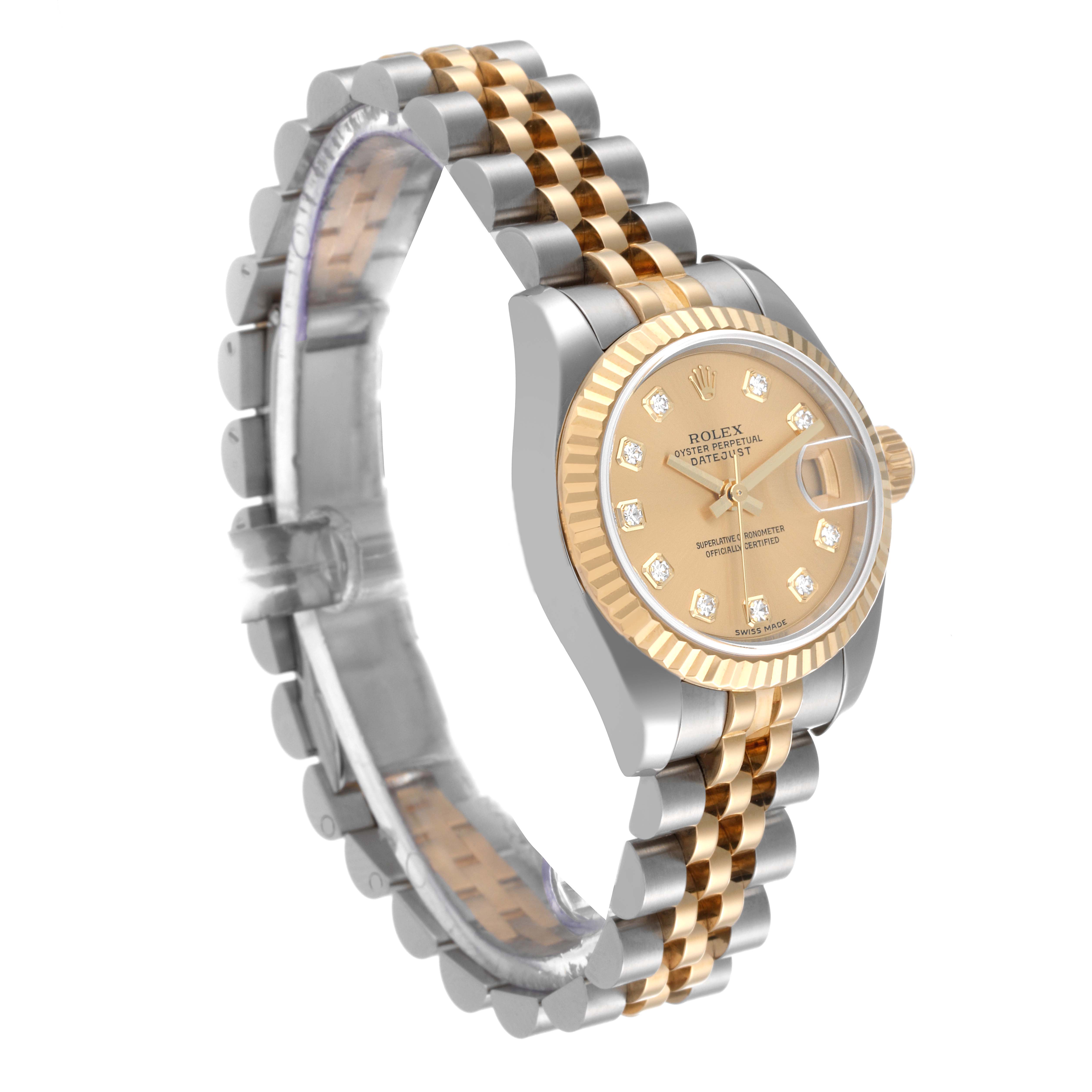 The image shows a Rolex Datejust 179173 Women's Steel and Gold (two tone) Champagne Dial 179173 Women's Steel and Gold (two tone) Champagne Dial watch at a three-quarter angle, highlighting the dial, bezel, and bracelet.