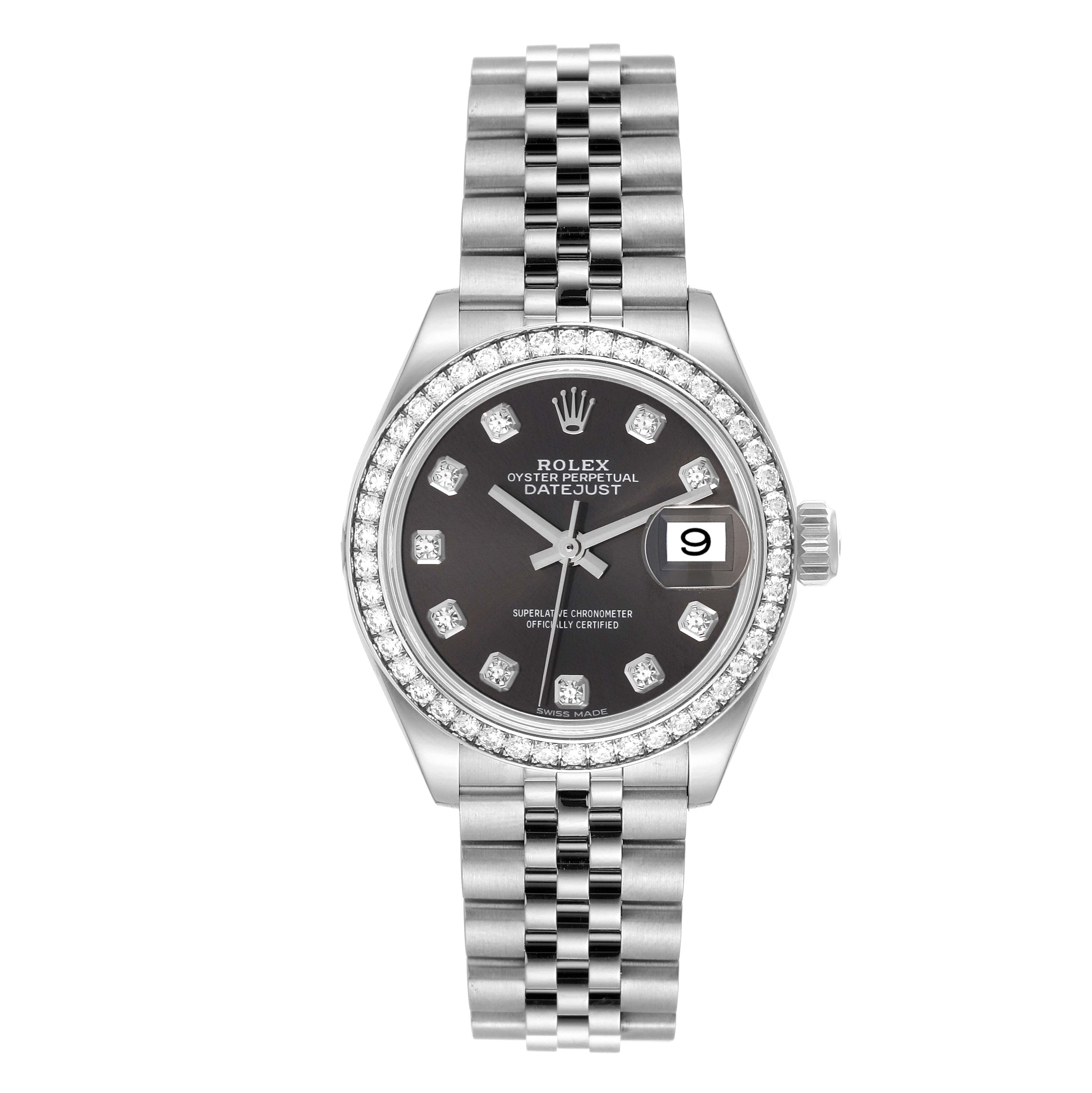 The Rolex Datejust 279384 Women's Stainless Steel Grey Dial 279384 Women's Stainless Steel Grey Dial watch is shown from a front angle, displaying its face, bezel, and bracelet.