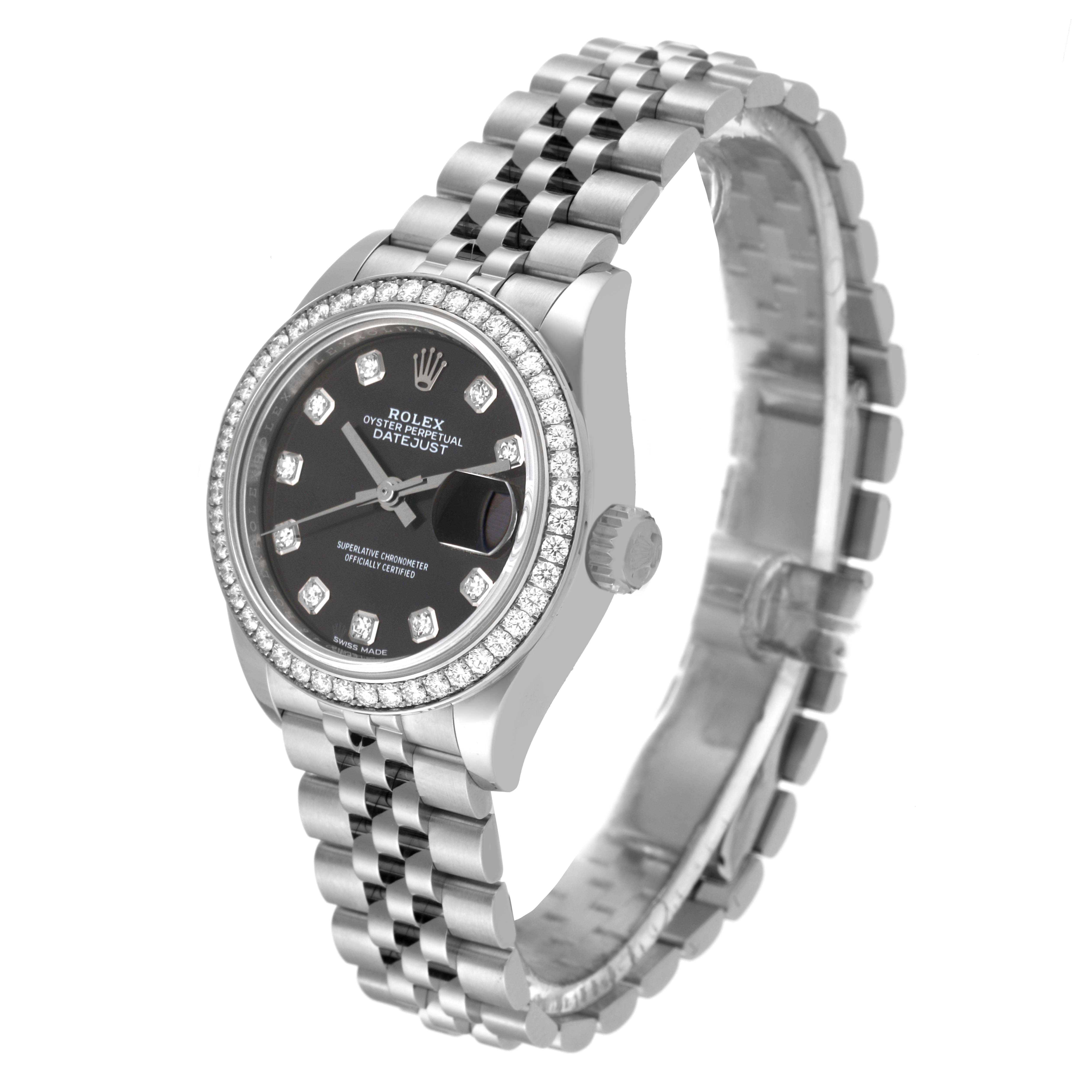 This image shows a side angle of the Rolex Datejust 279384 Women's Stainless Steel Grey Dial 279384 Women's Stainless Steel Grey Dial watch, featuring its face, bezel, crown, and bracelet.