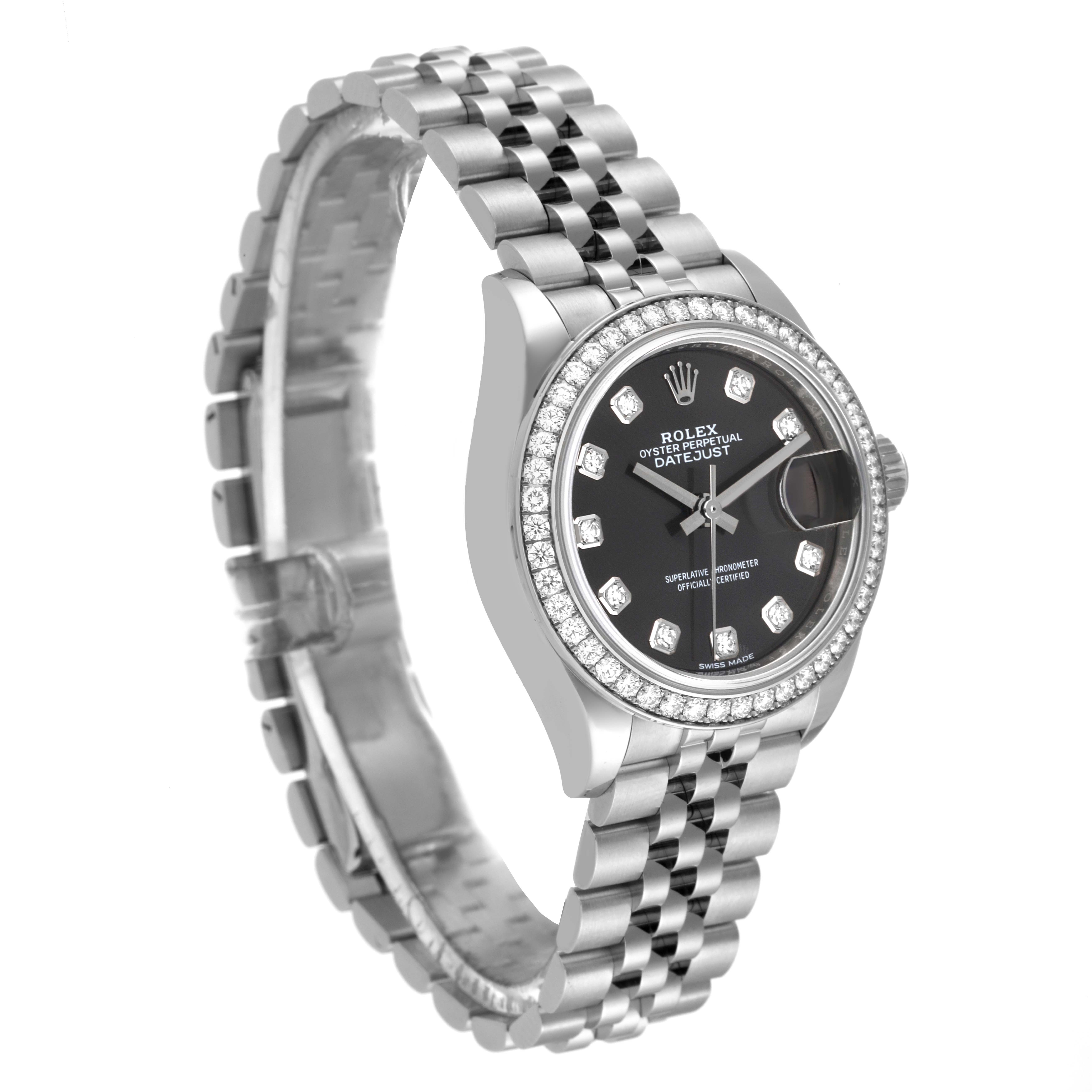 The Rolex Datejust 279384 Women's Stainless Steel Grey Dial 279384 Women's Stainless Steel Grey Dial watch is shown at an angled side view, displaying its face, bezel, and bracelet.