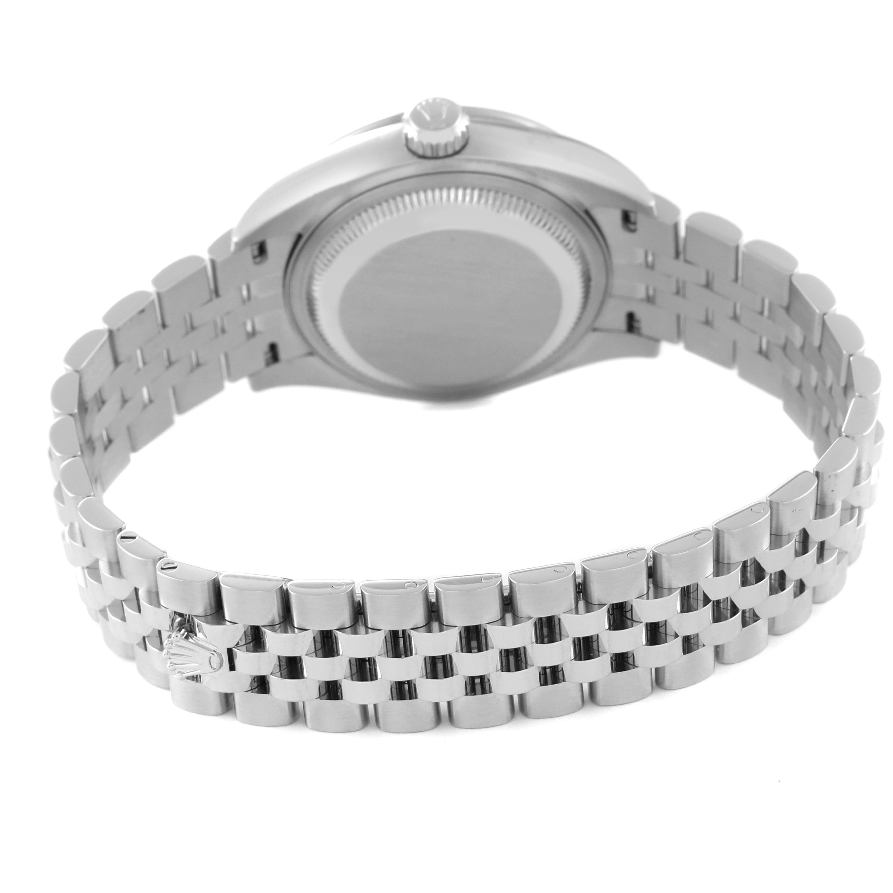 This image shows the back case and band of the Rolex Datejust 279384 Women's Stainless Steel Grey Dial 279384 Women's Stainless Steel Grey Dial watch from a rear angle.