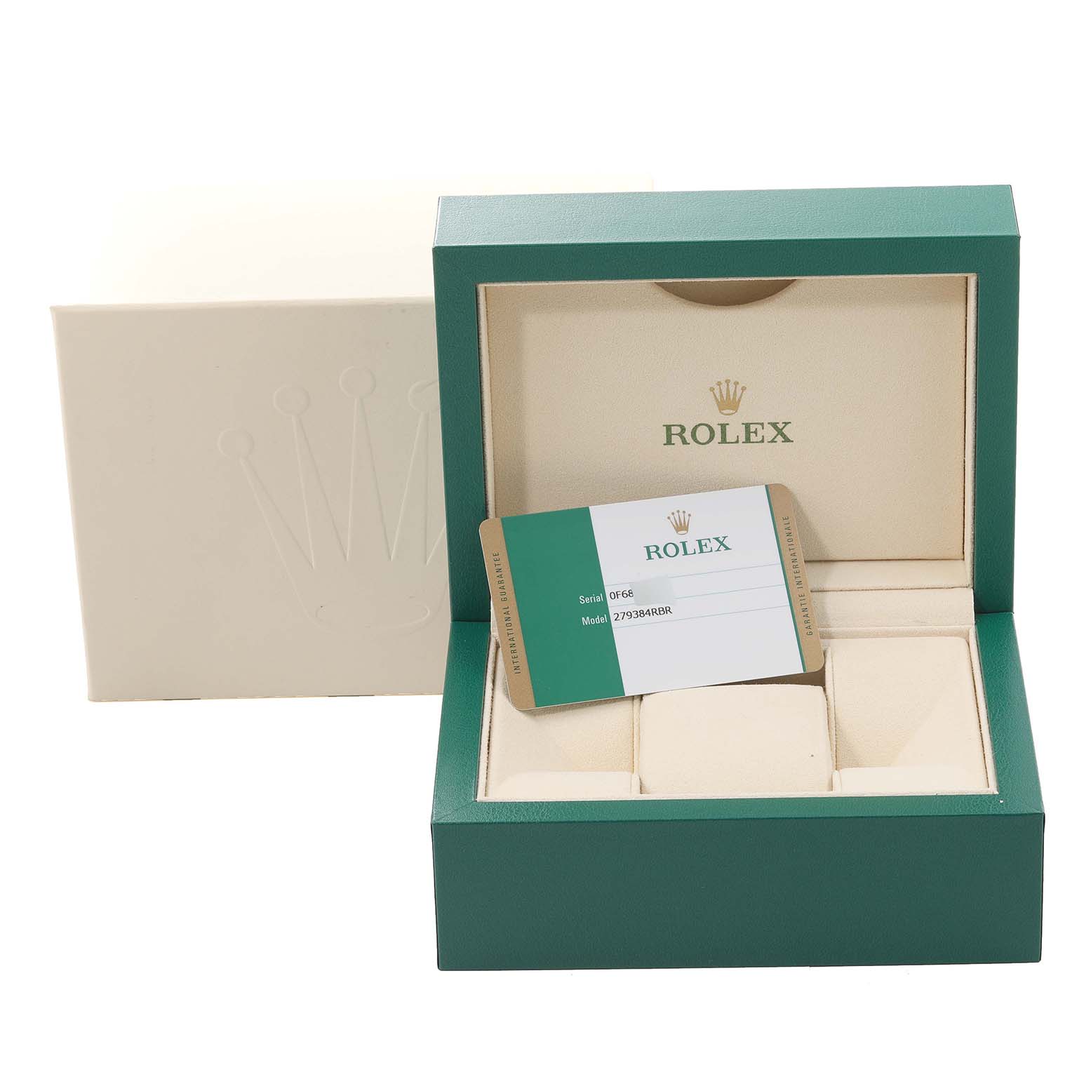 The image shows a Rolex Datejust 279384 Women's Stainless Steel Grey Dial 279384 Women's Stainless Steel Grey Dial model watch box, including the warranty card and inner compartments.