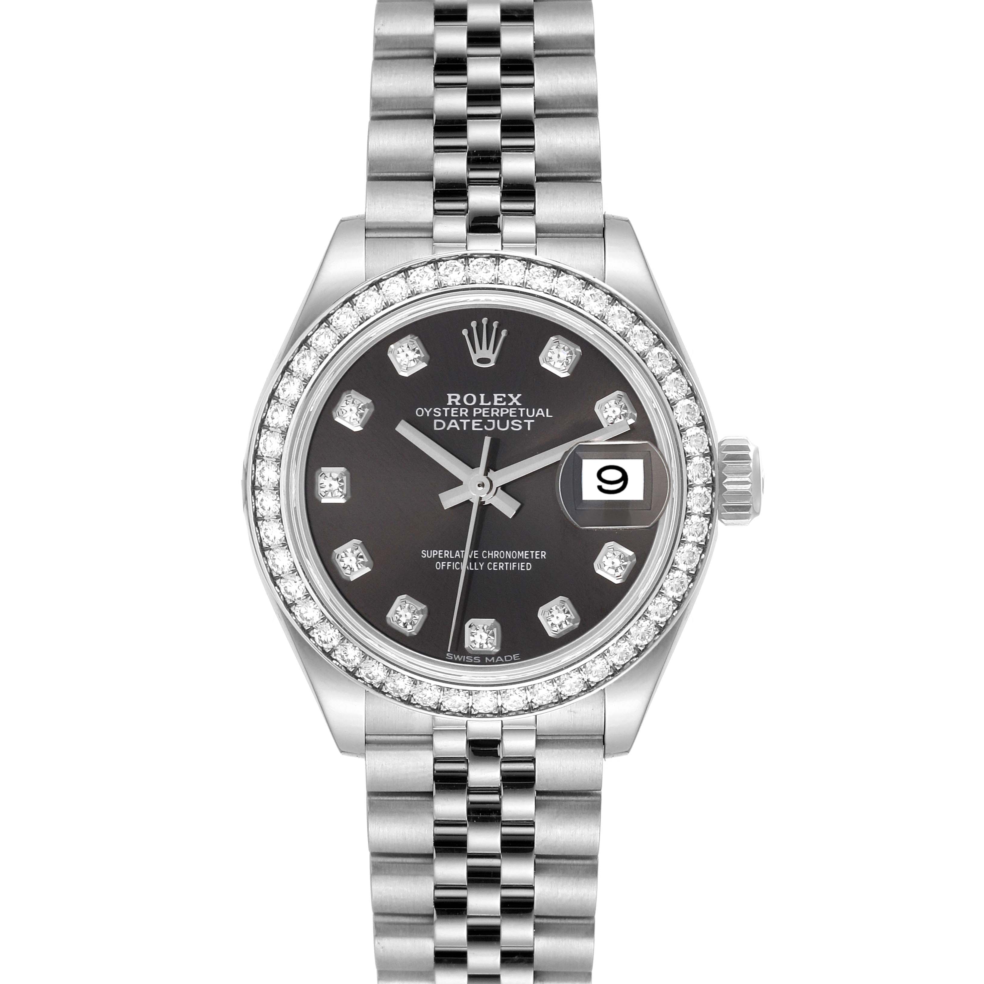 This image shows a front view of a Rolex Datejust 279384 Women's Stainless Steel Grey Dial 279384 Women's Stainless Steel Grey Dial watch, highlighting its dial, bezel, bracelet, and date window.
