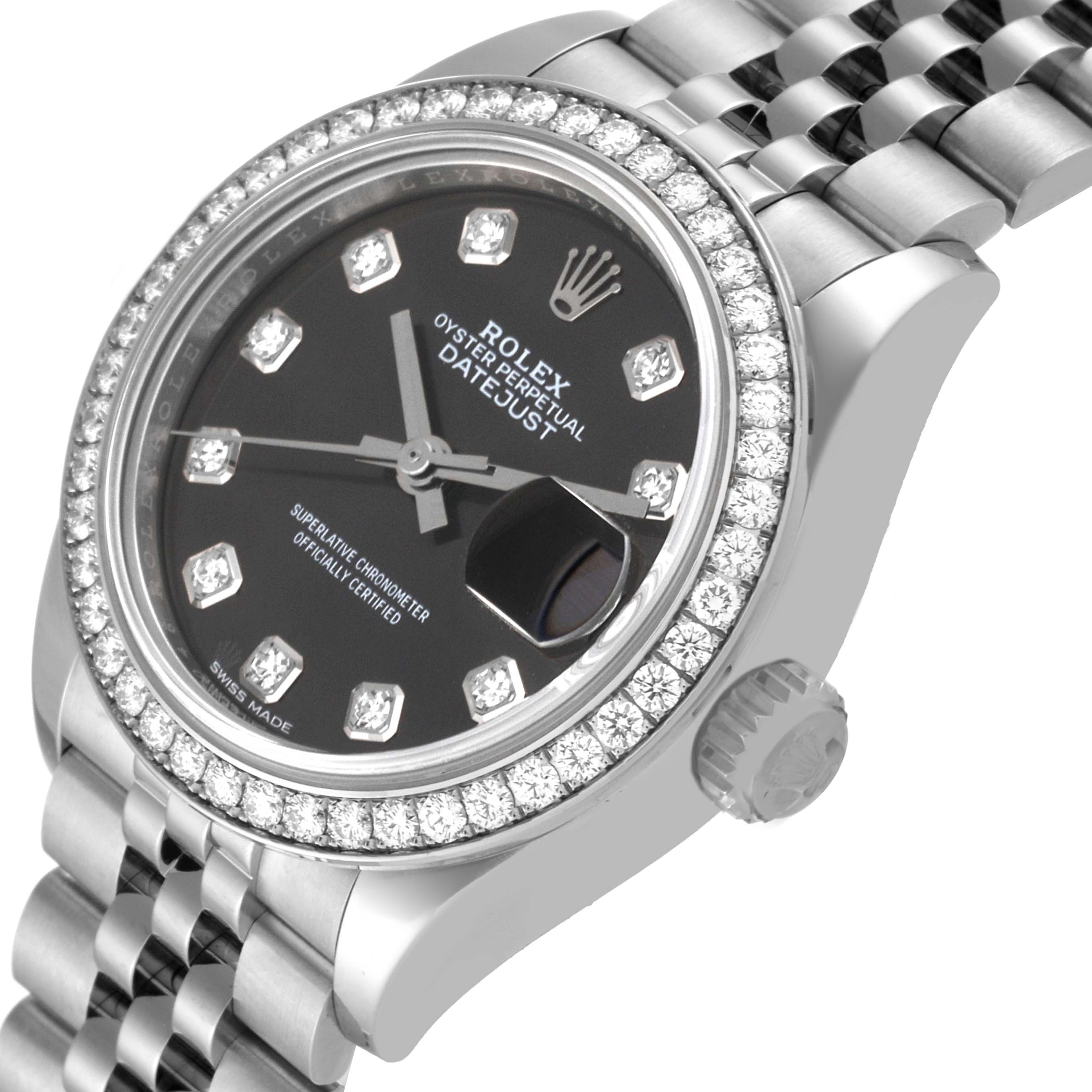 The image shows an angled view of the Rolex Datejust 279384 Women's Stainless Steel Grey Dial 279384 Women's Stainless Steel Grey Dial watch face, bezel, and part of the bracelet.