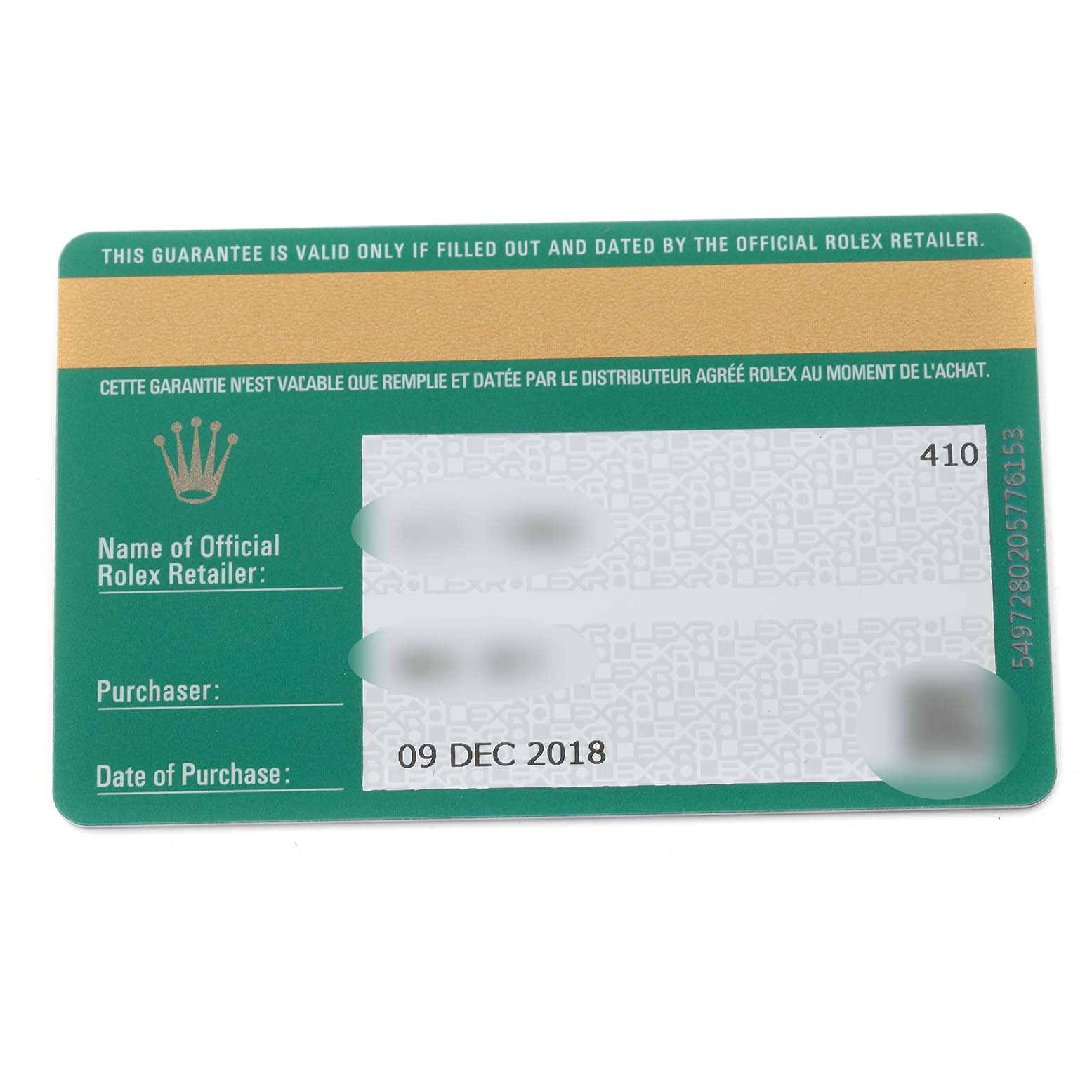 The image shows a warranty card for a Rolex Datejust 279384 Women's Stainless Steel Grey Dial 279384 Women's Stainless Steel Grey Dial watch, displayed from the front angle.