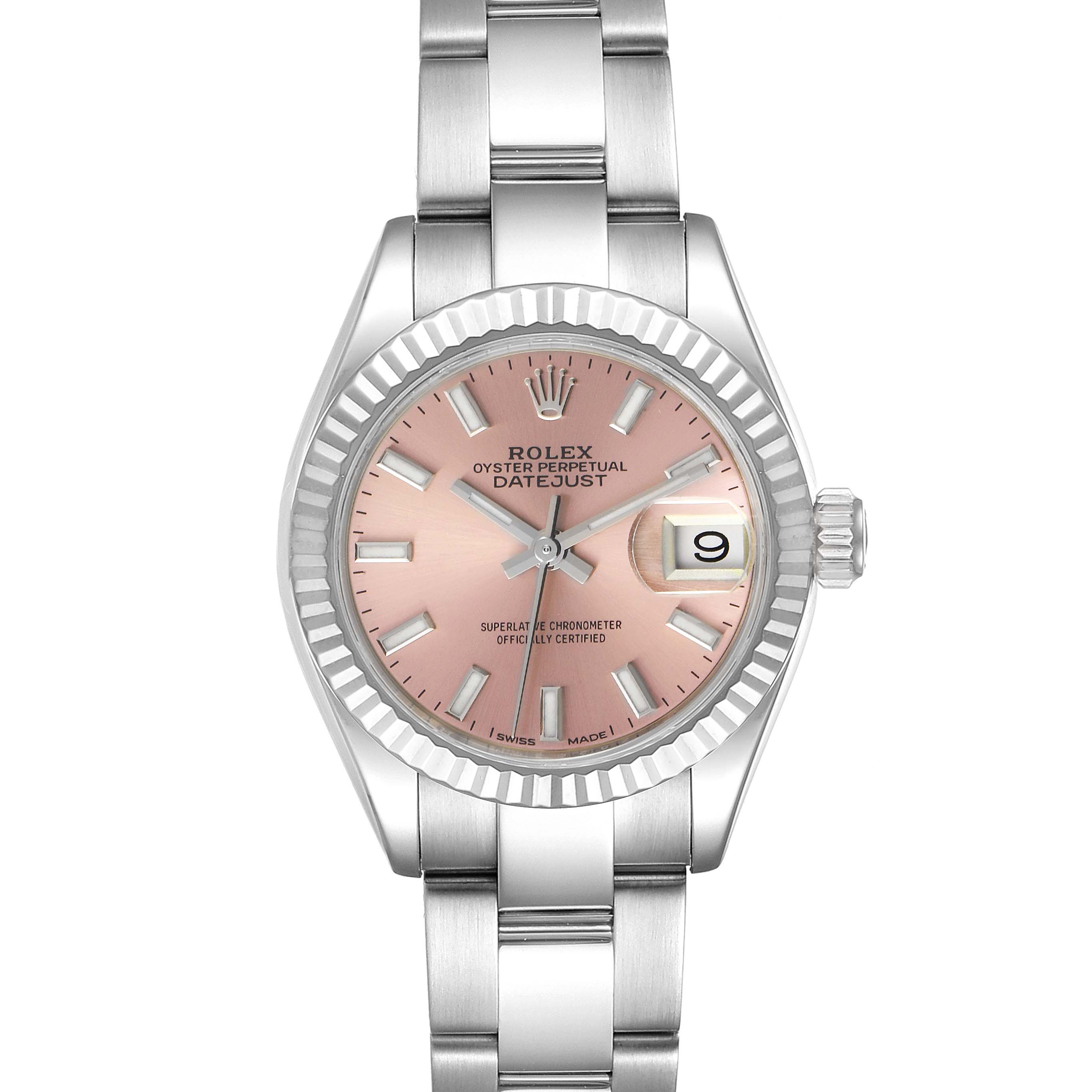 This image shows a front view of a Rolex Datejust 279174 Women's Stainless Steel Pink Dial 279174 Women's Stainless Steel Pink Dial watch, displaying its dial, bezel, and bracelet.