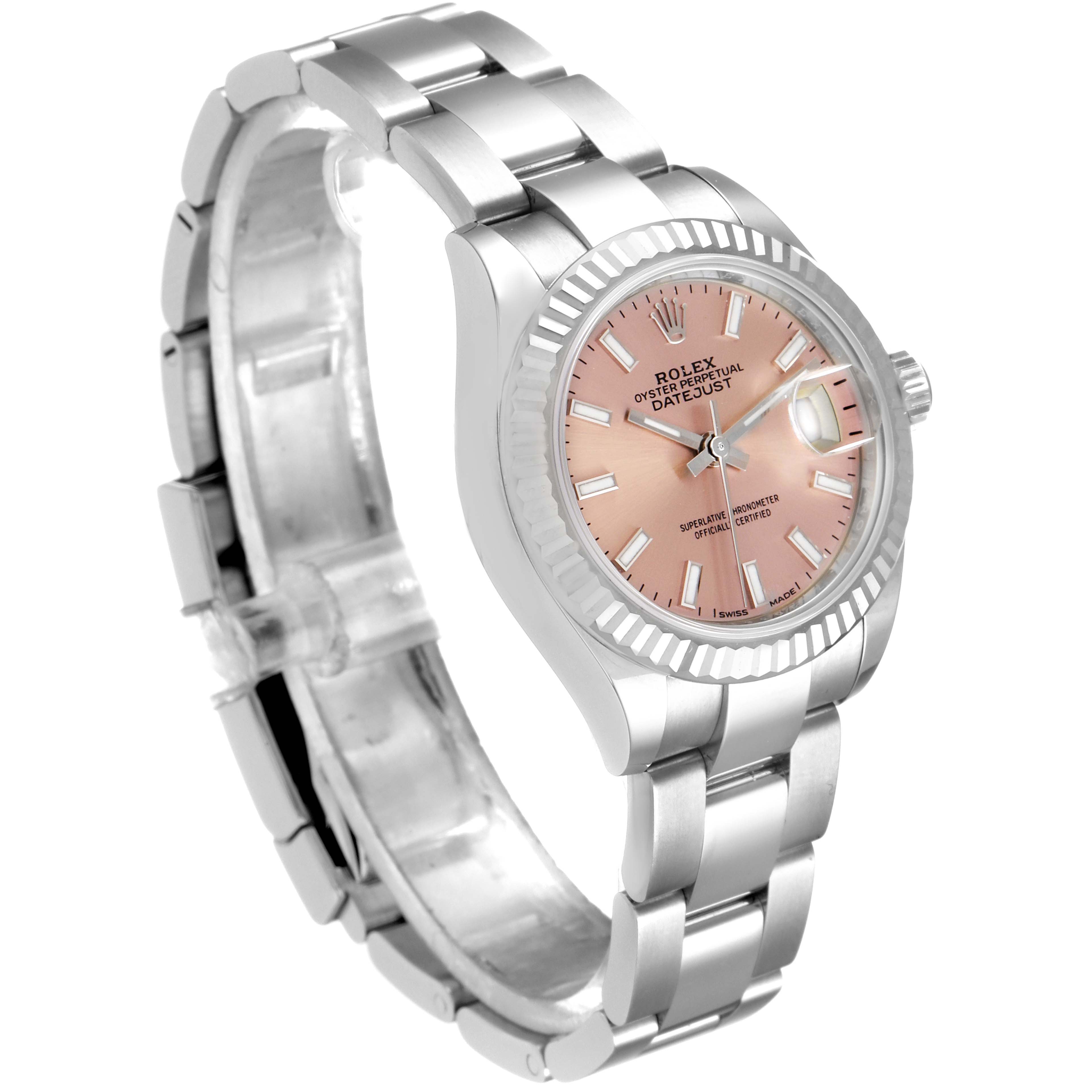 The Rolex Datejust 279174 Women's Stainless Steel Pink Dial 279174 Women's Stainless Steel Pink Dial watch is shown at a slight angle, showcasing the dial, bracelet, and partially the crown.