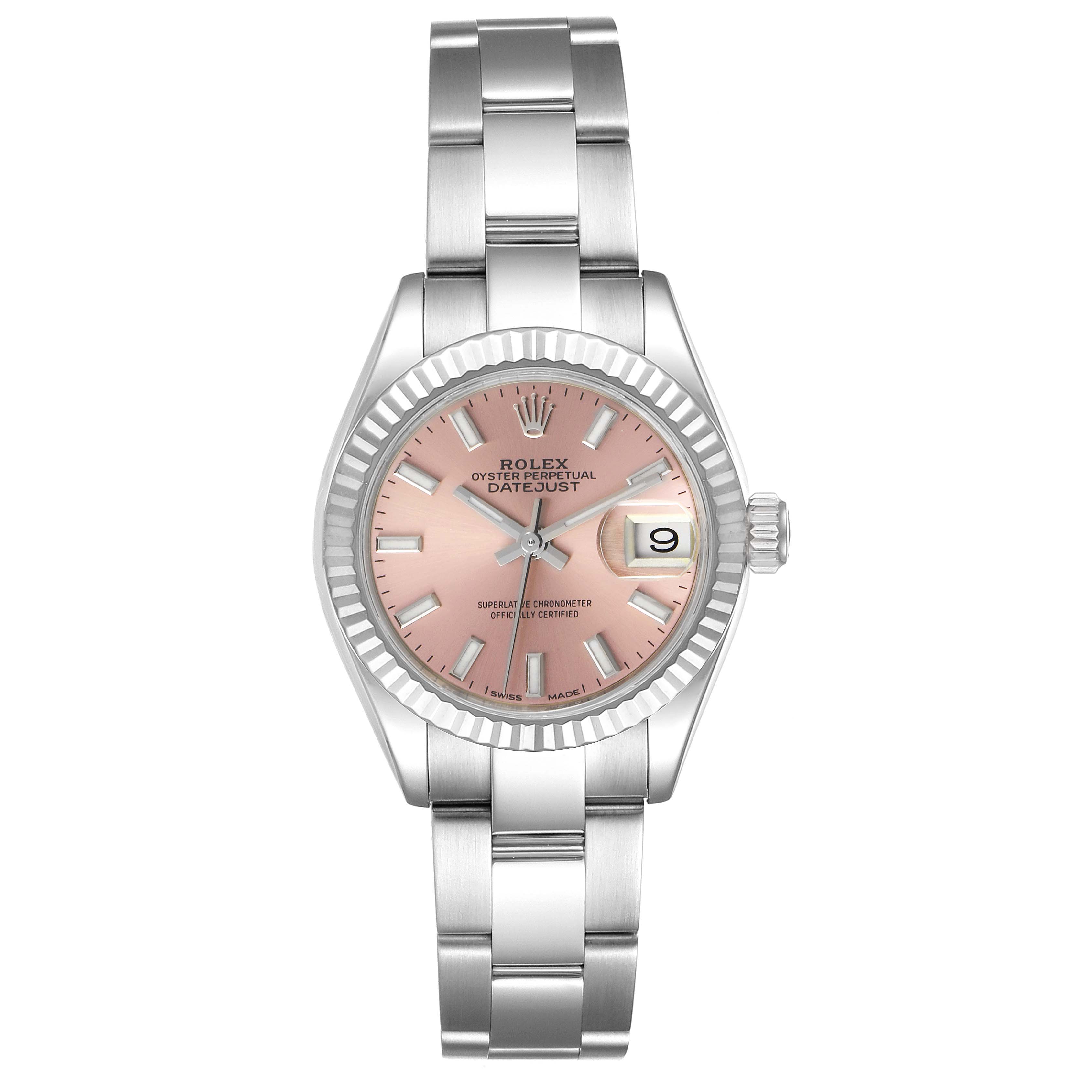 This image shows a front view of a Rolex Datejust 279174 Women's Stainless Steel Pink Dial 279174 Women's Stainless Steel Pink Dial watch, highlighting the pink dial, fluted bezel, and stainless steel bracelet.