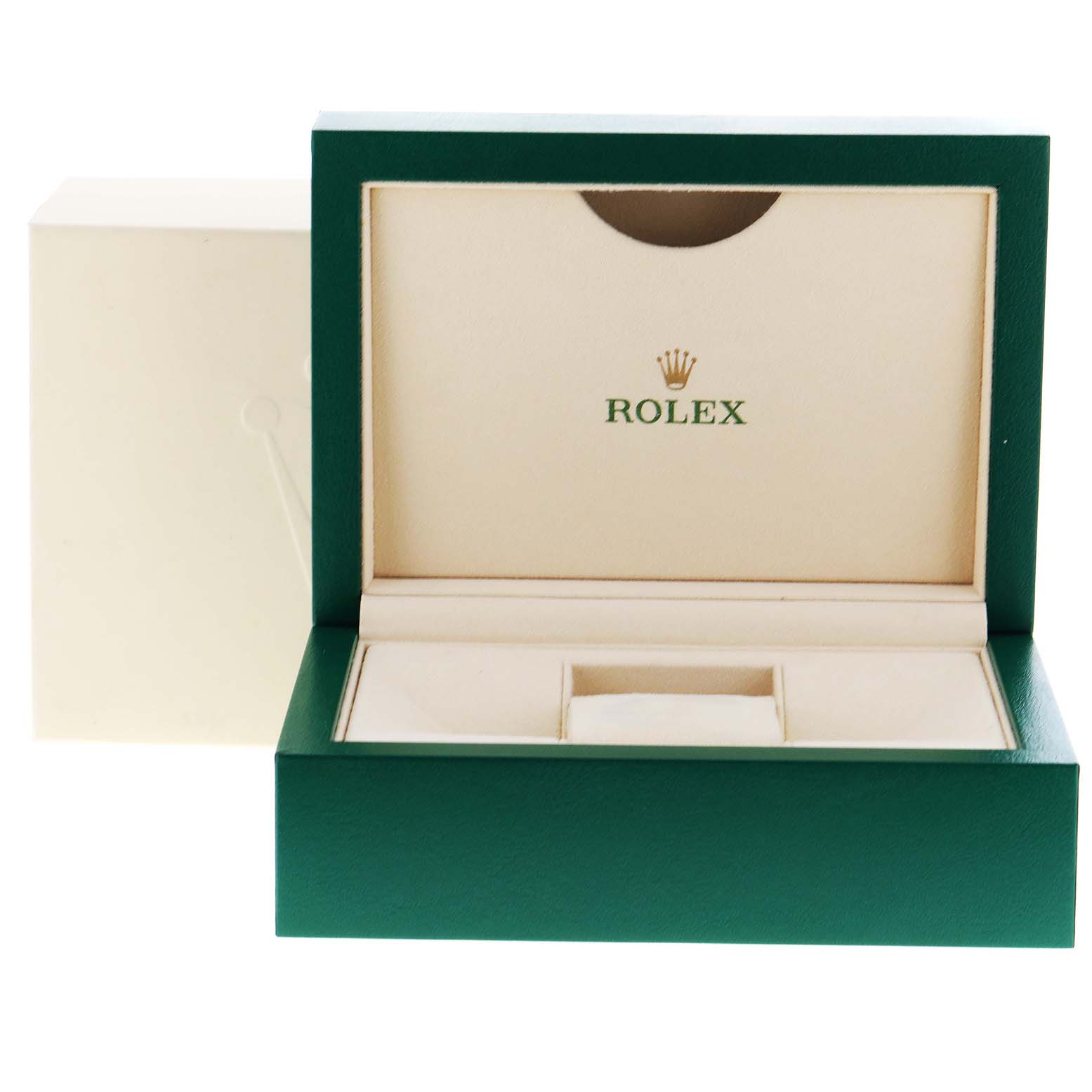 This image shows an open Rolex Datejust 279174 Women's Stainless Steel Pink Dial 279174 Women's Stainless Steel Pink Dial watch box with interior compartments, viewed from the front.